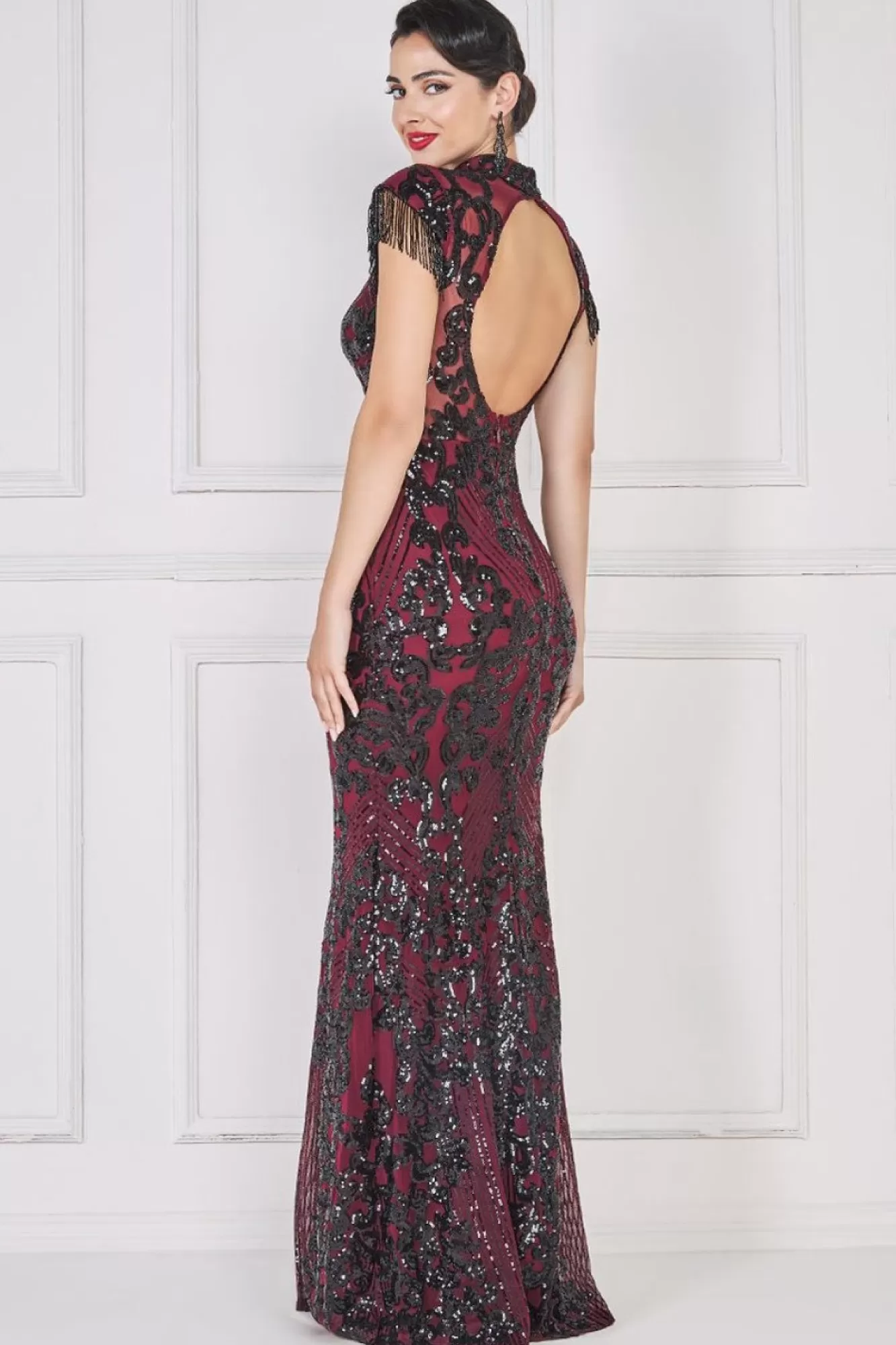 Maxi Dresses^* Embroidered Sequin Beaded Cap Sleeve Maxi Burgundy