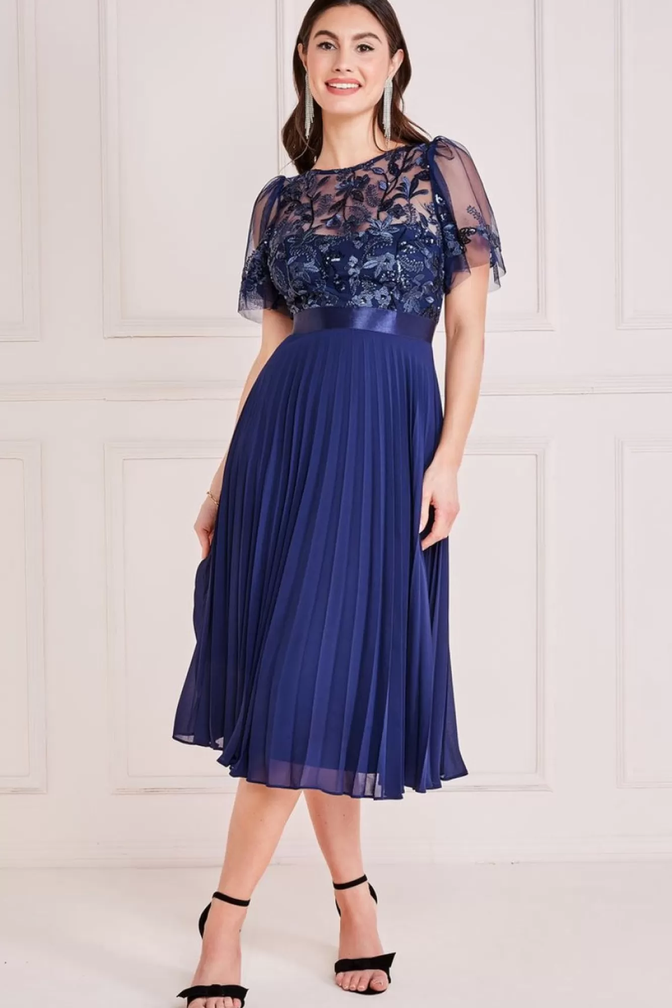 Midi Dresses^* Embroidered Top Chiffon Pleated Midi Navy