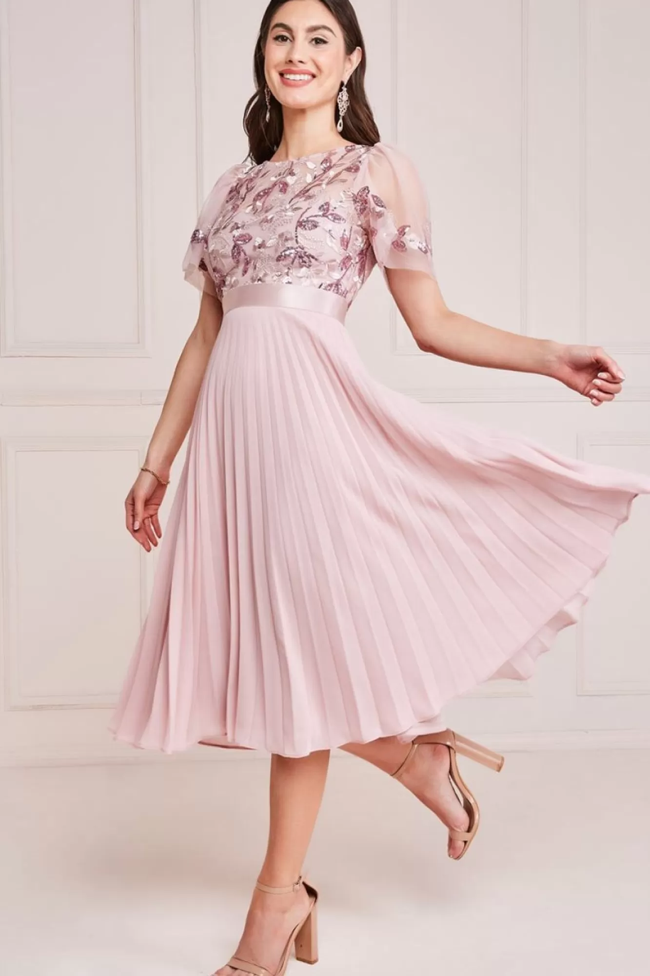 Midi Dresses^* Embroidered Top Chiffon Pleated Midi Blush