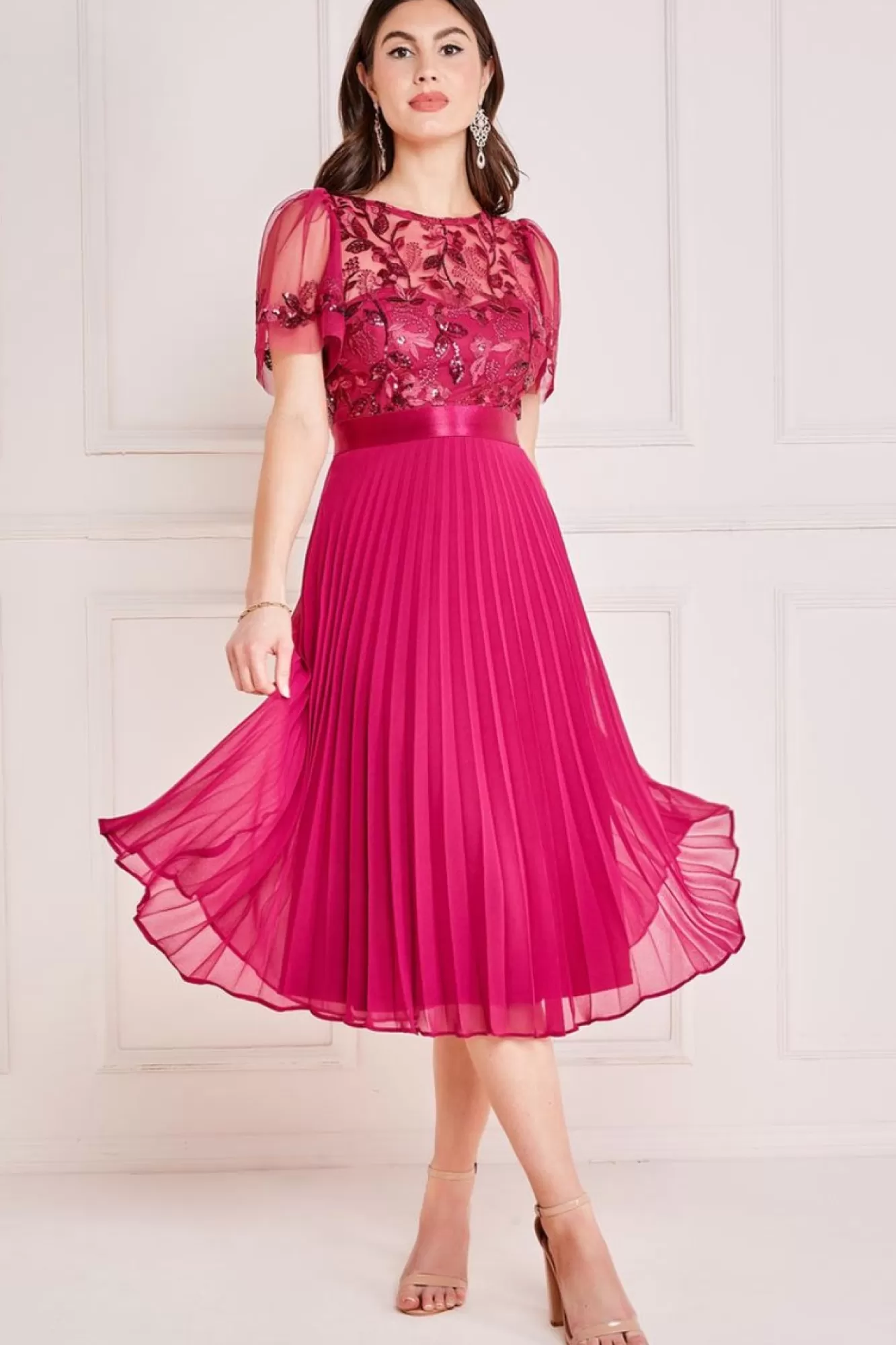Midi Dresses^* Embroidered Top Chiffon Pleated Midi Magenta