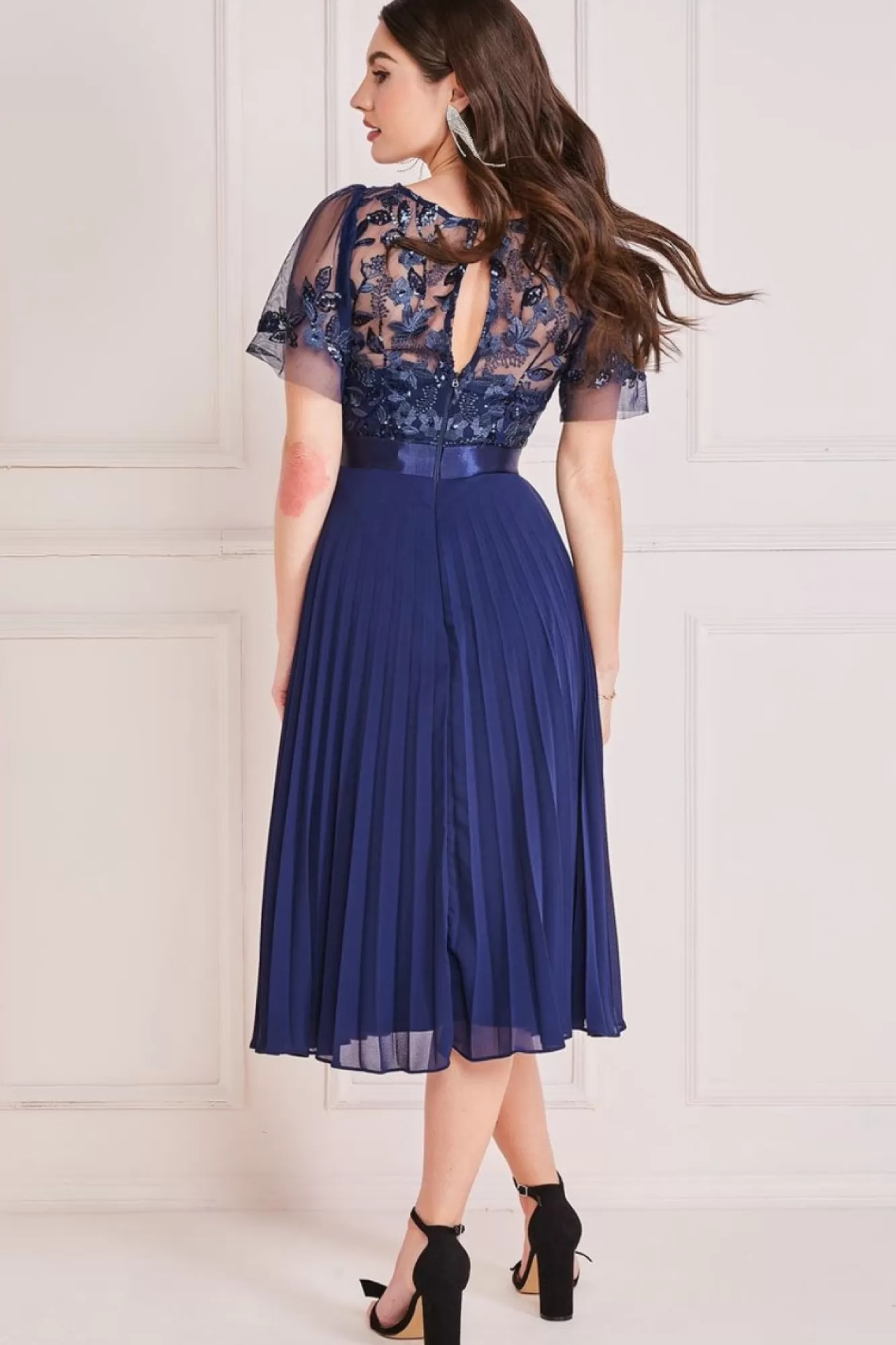 Midi Dresses^* Embroidered Top Chiffon Pleated Midi Navy