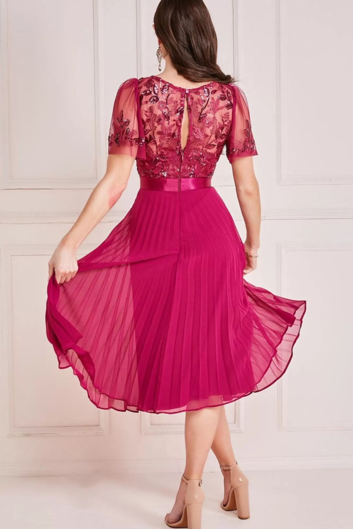 Midi Dresses^* Embroidered Top Chiffon Pleated Midi Magenta