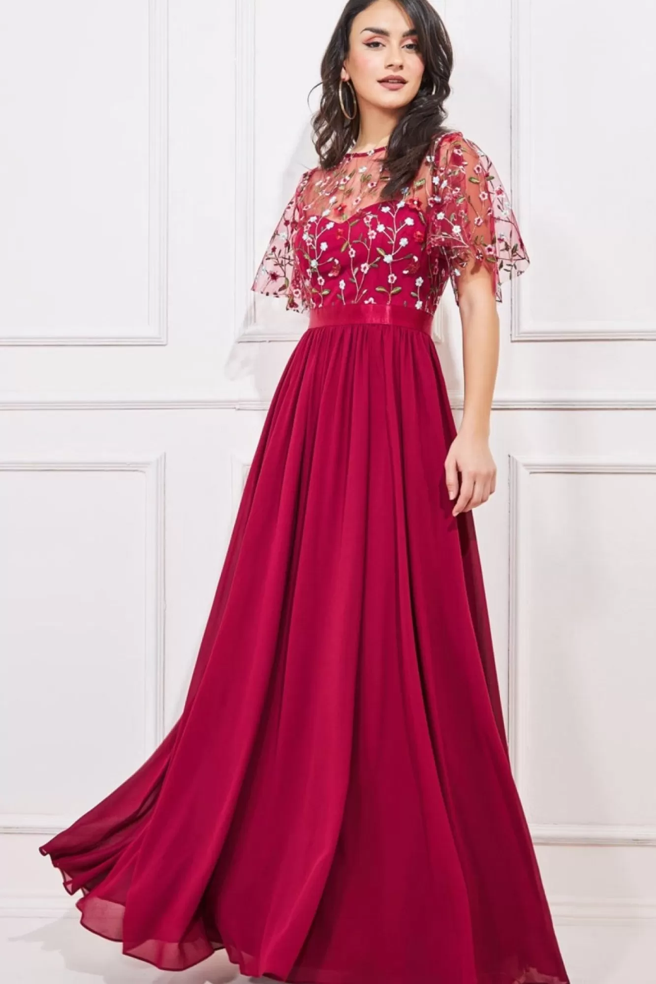 Maxi Dresses^* Embroidered Top Flutter Sleeve Maxi Burgundy