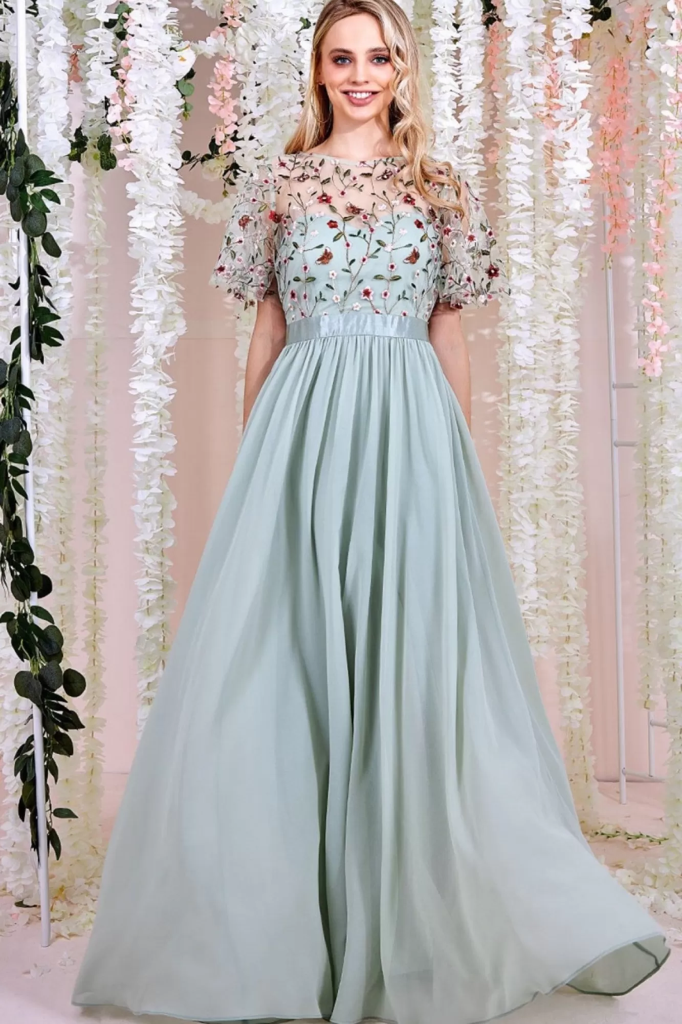 Maxi Dresses^* Embroidered Top Flutter Sleeve Maxi Sagegreen