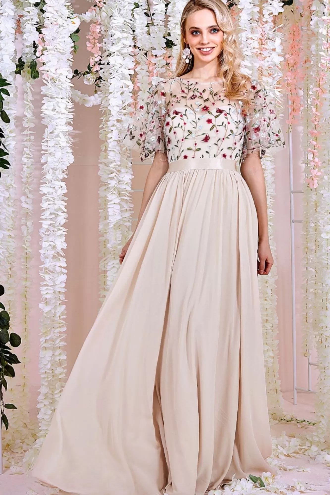 Maxi Dresses^* Embroidered Top Flutter Sleeve Maxi Ivory