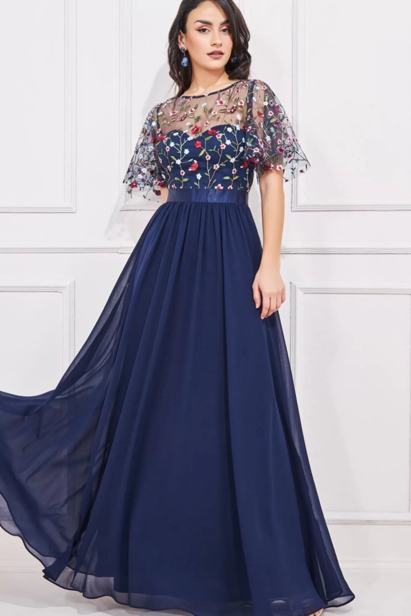 Maxi Dresses^* Embroidered Top Flutter Sleeve Maxi Navy
