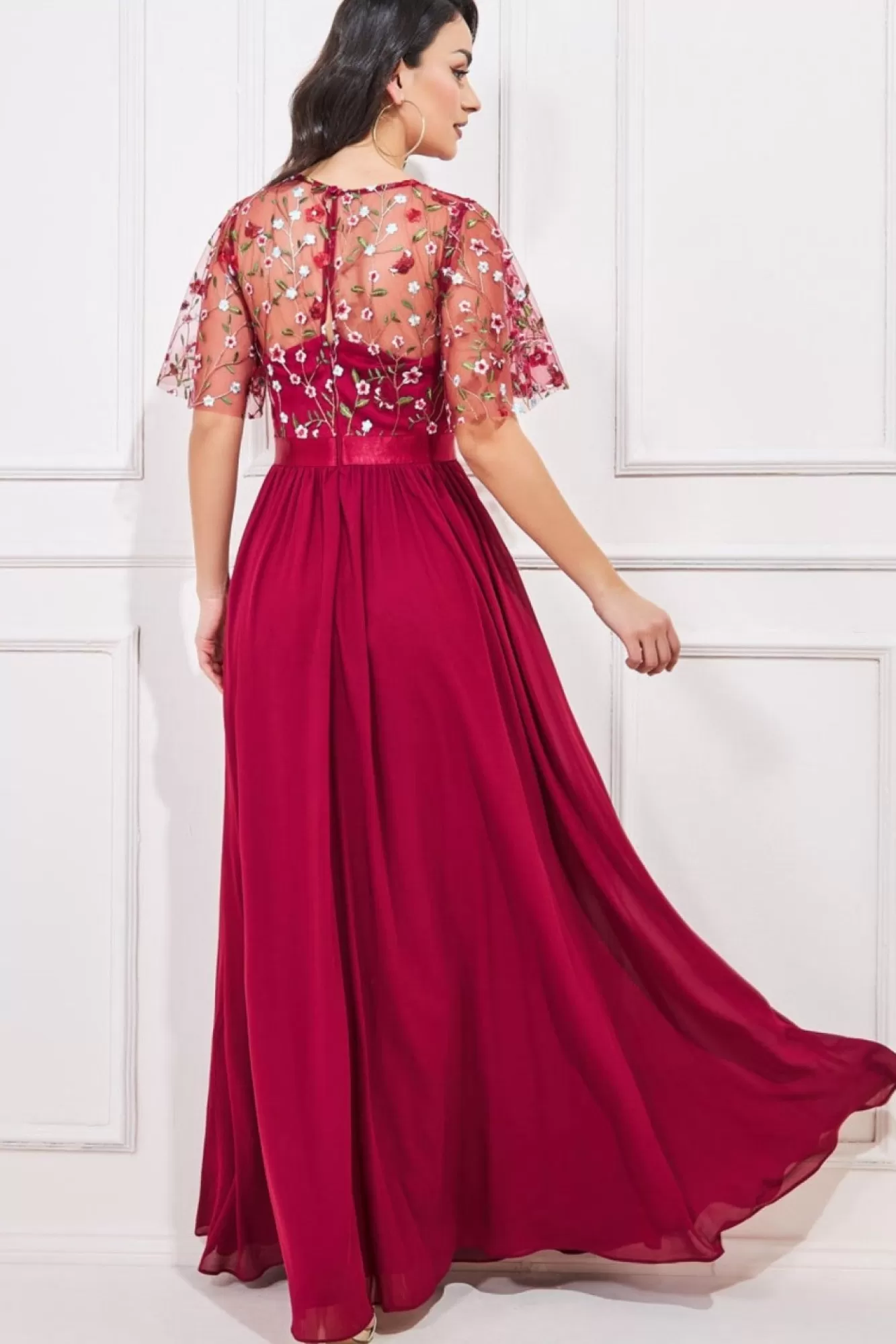 Maxi Dresses^* Embroidered Top Flutter Sleeve Maxi Burgundy