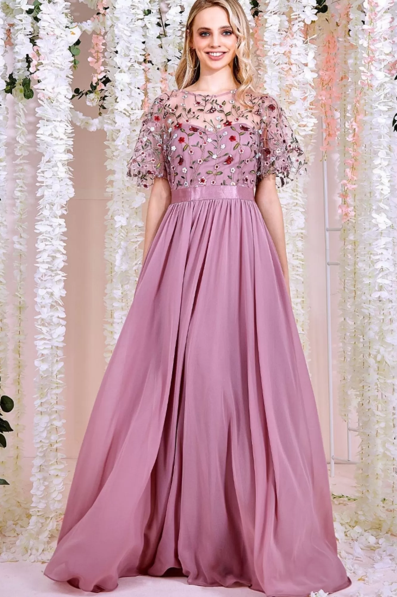 Maxi Dresses^* Embroidered Top Flutter Sleeve Maxi Rosepink