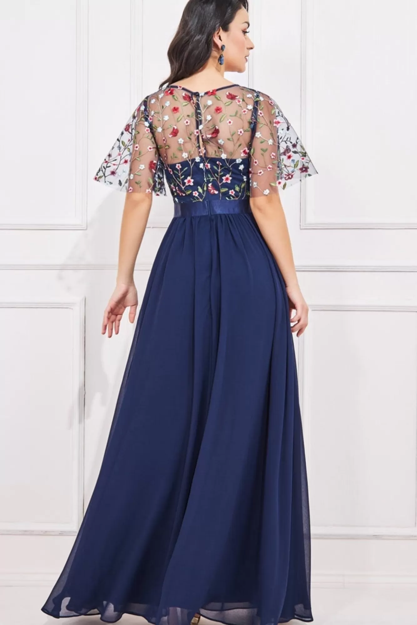 Maxi Dresses^* Embroidered Top Flutter Sleeve Maxi Navy