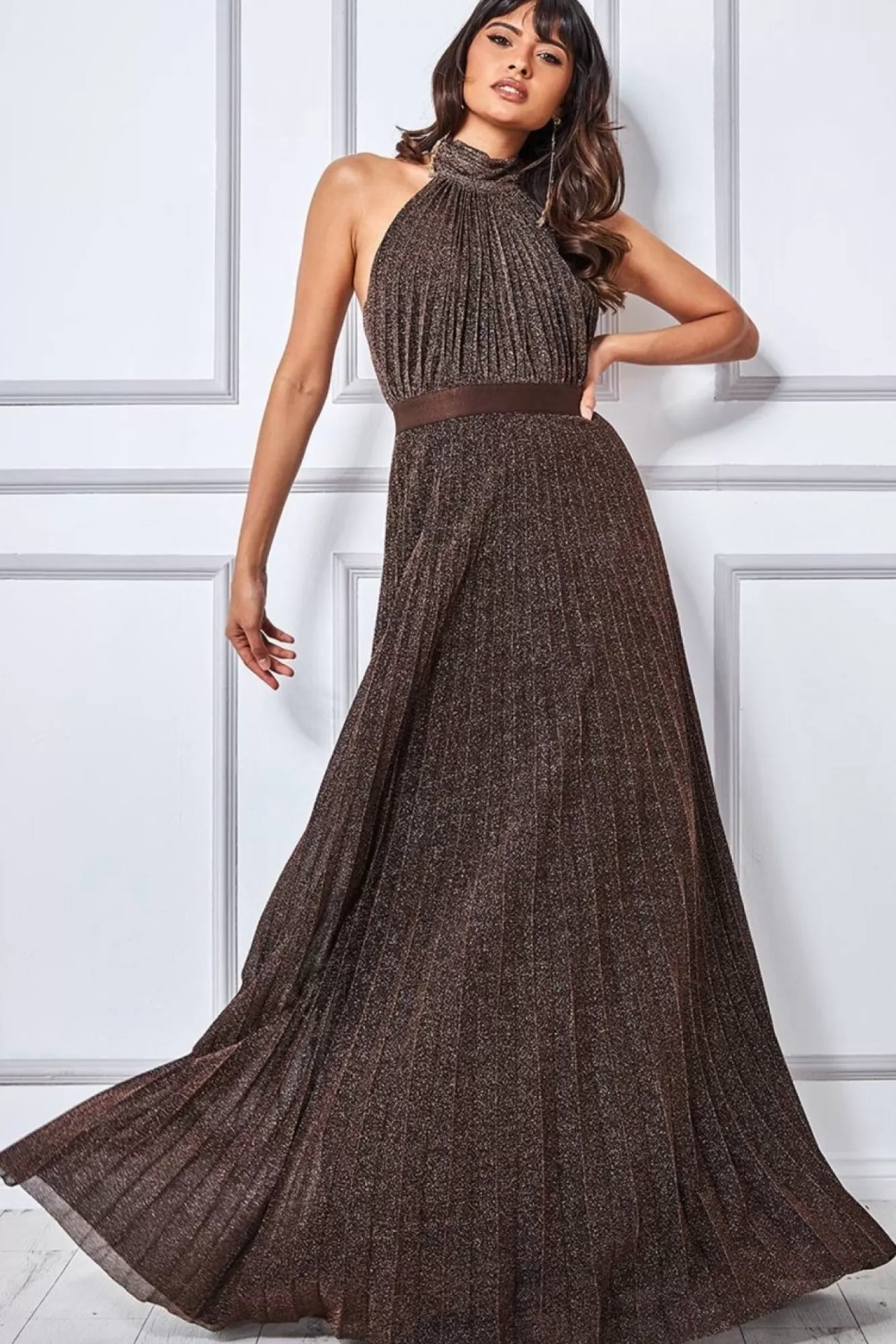 Maxi Dresses^* Exclusive Lurex Halterneck Pleated Maxi Bronze