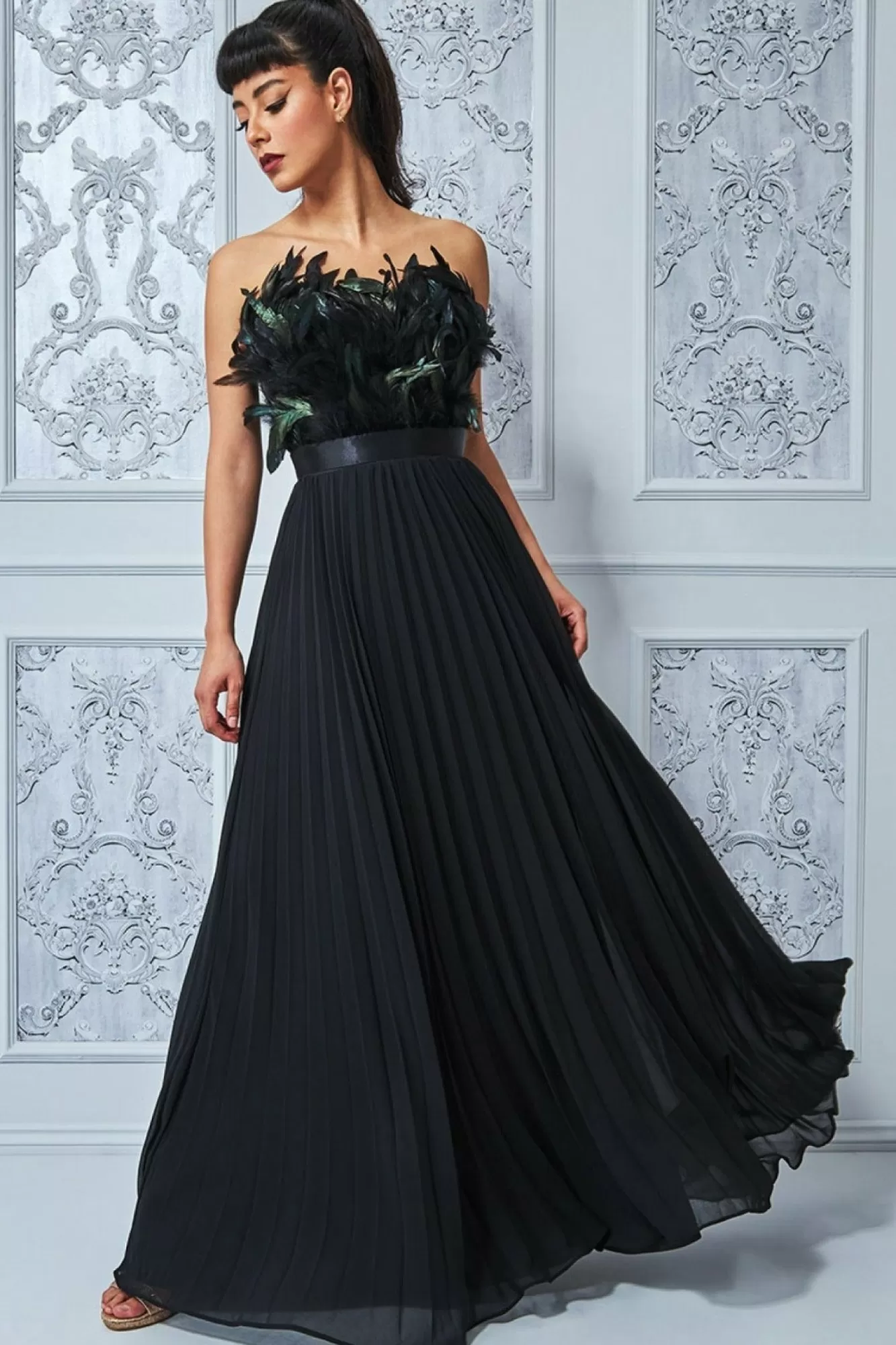 Maxi Dresses^* Feather Off The Shoulder Pleated Evening Black