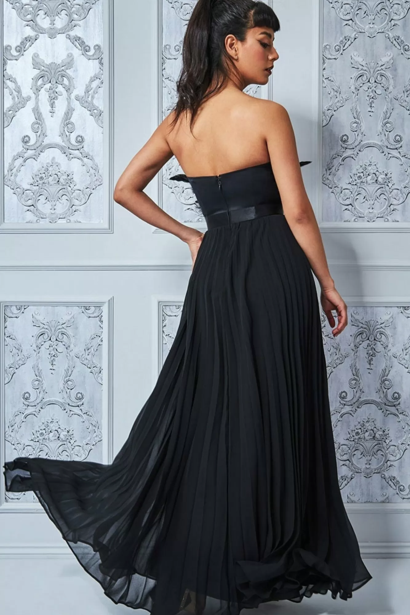 Maxi Dresses^* Feather Off The Shoulder Pleated Evening Black