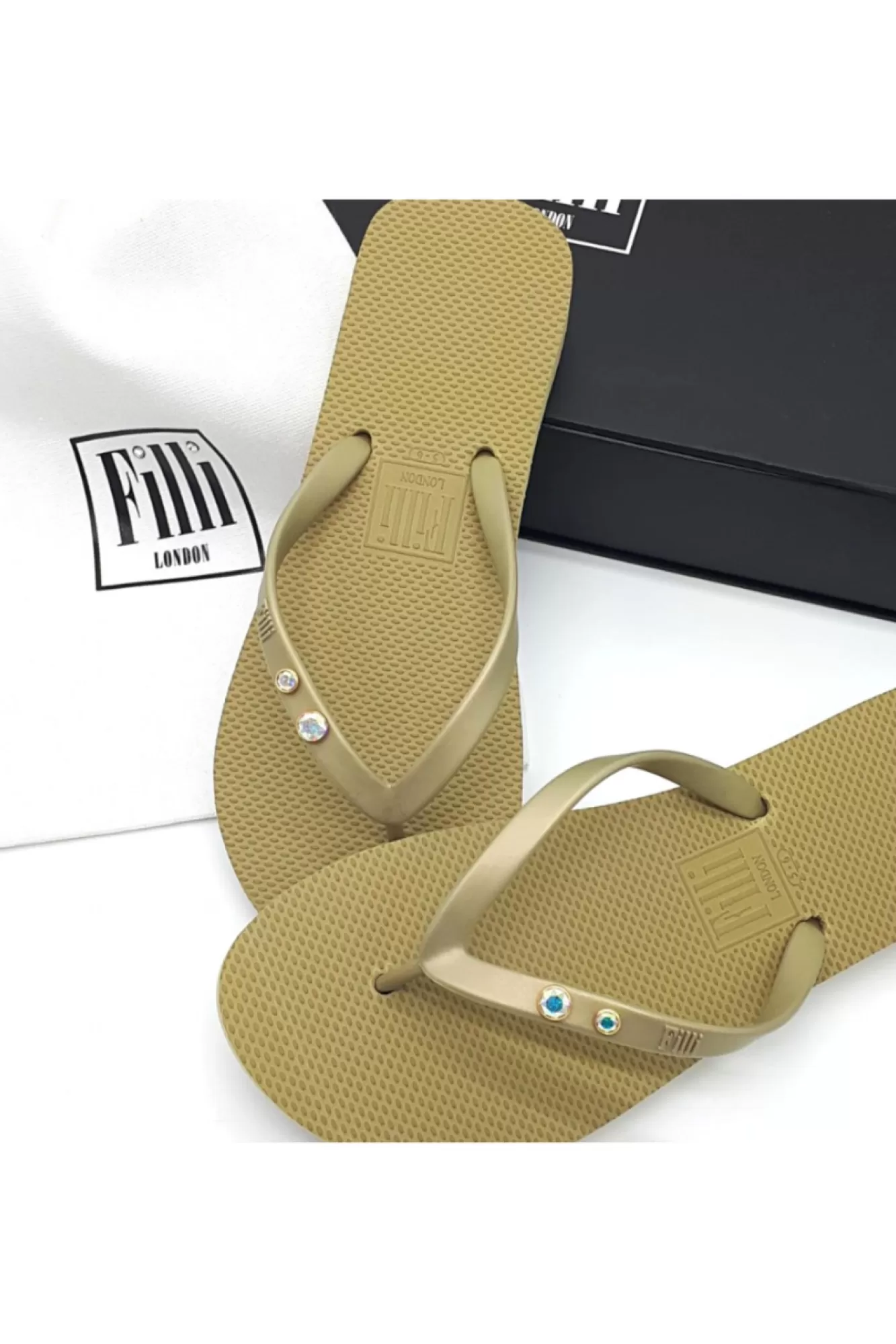 Sandals^Filli London Aurora Crystal Duo Luxury Flip Flops Gold