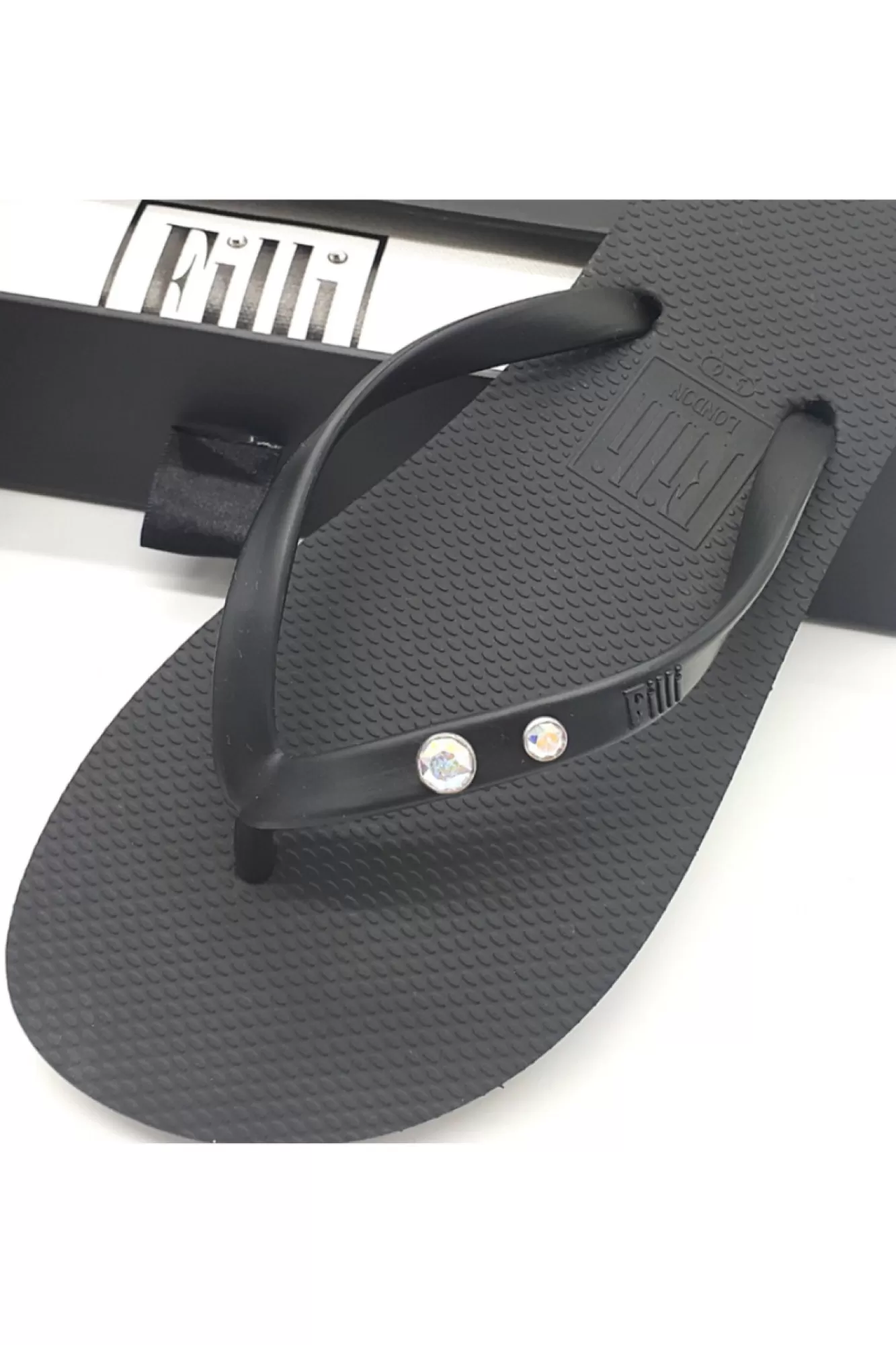 Sandals^Filli London Aurora Crystal Duo Luxury Flip Flops Black