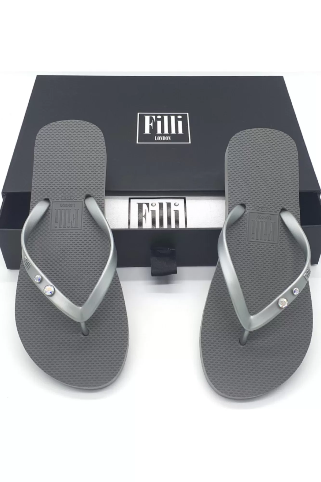 Sandals^Filli London Aurora Crystal Duo Luxury Flip Flops Silver