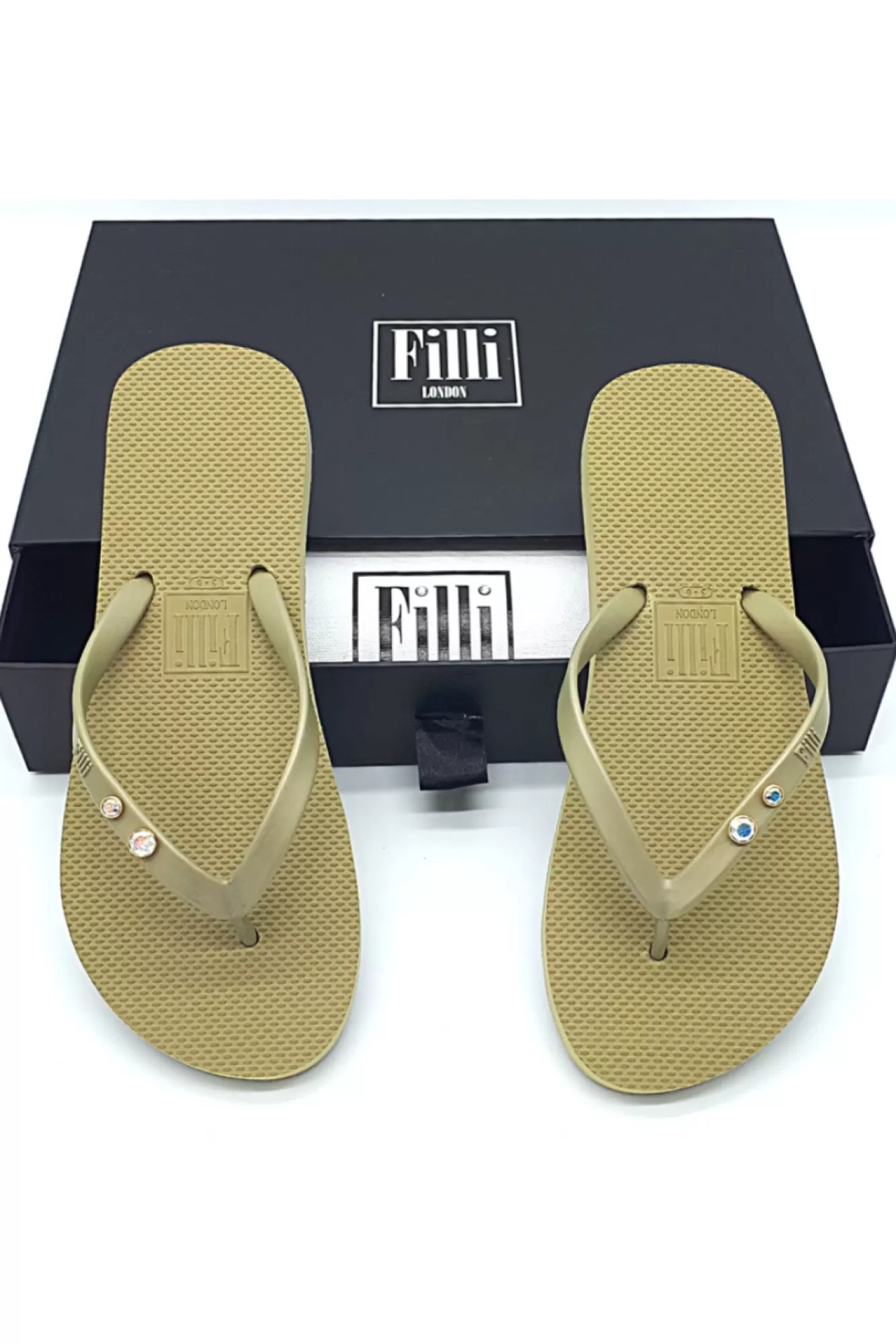 Sandals^Filli London Aurora Crystal Duo Luxury Flip Flops Gold