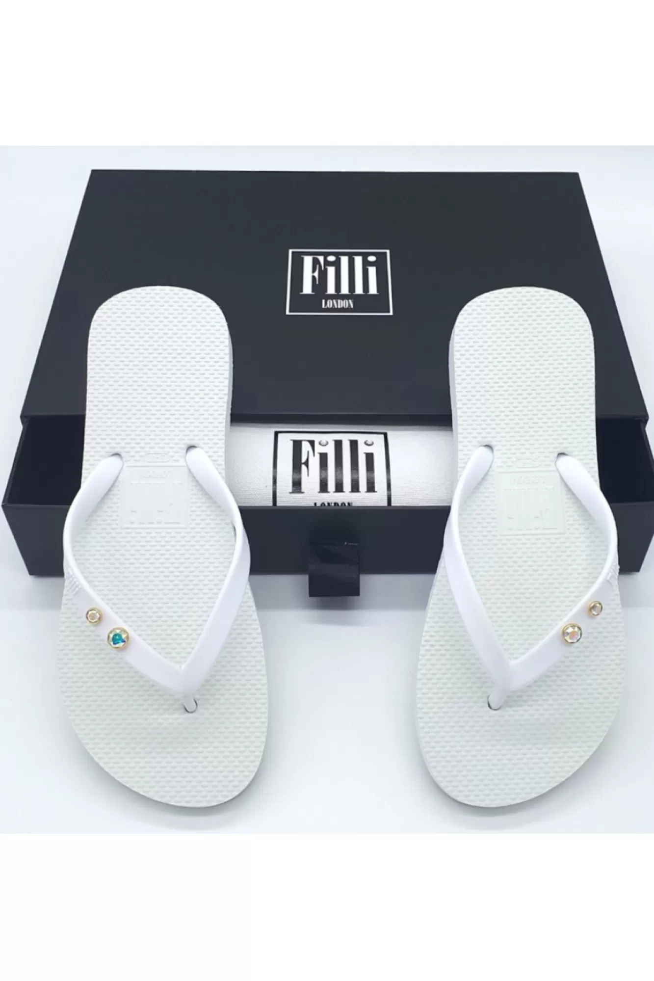 Sandals^Filli London Aurora Crystal Duo Luxury Flip Flops White