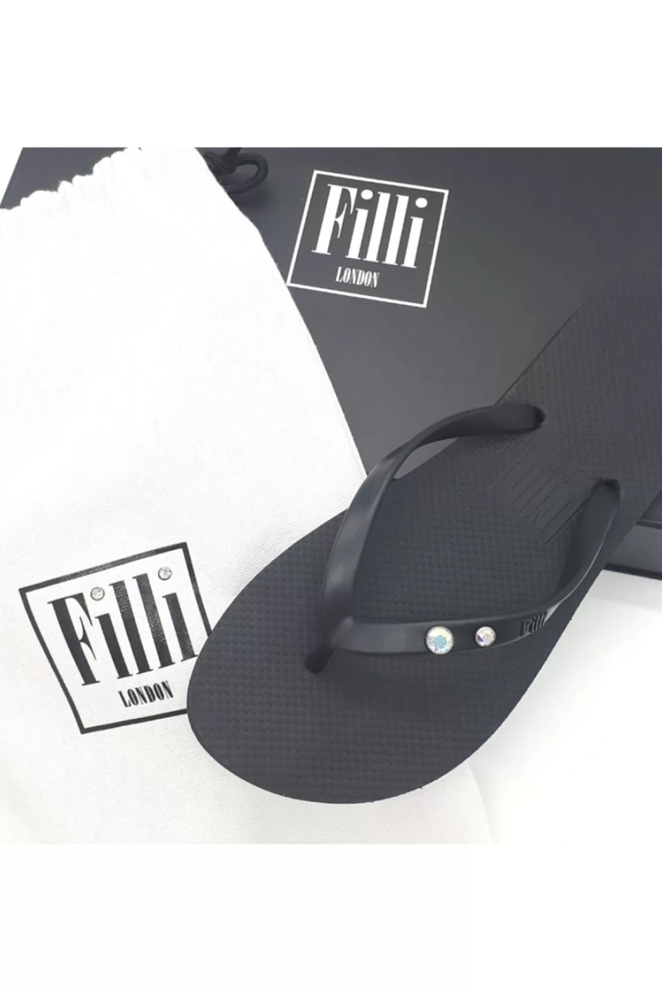 Sandals^Filli London Aurora Crystal Duo Luxury Flip Flops Black