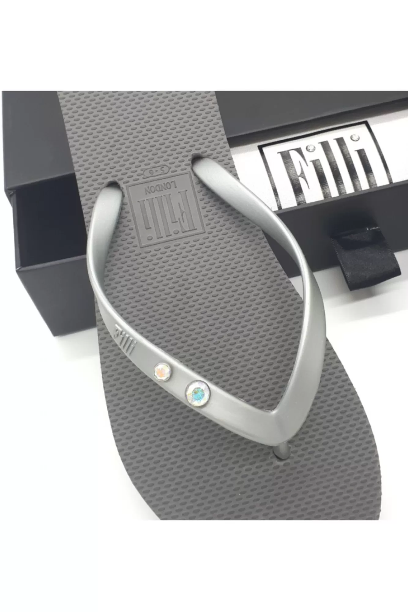 Sandals^Filli London Aurora Crystal Duo Luxury Flip Flops Silver