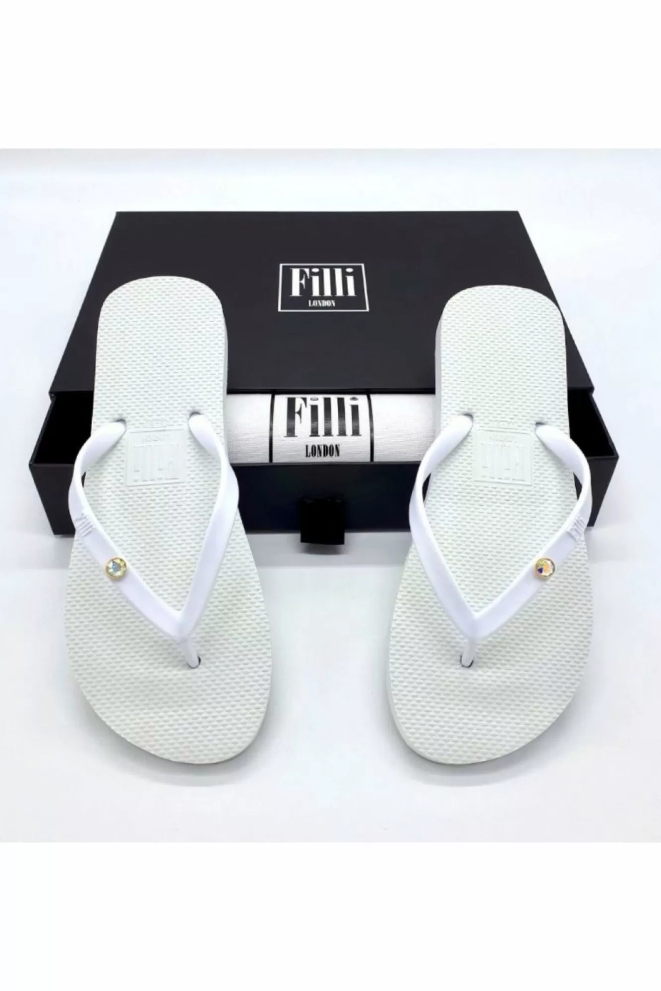Sandals^Filli London Aurora Crystal Luxury Flip Flops White