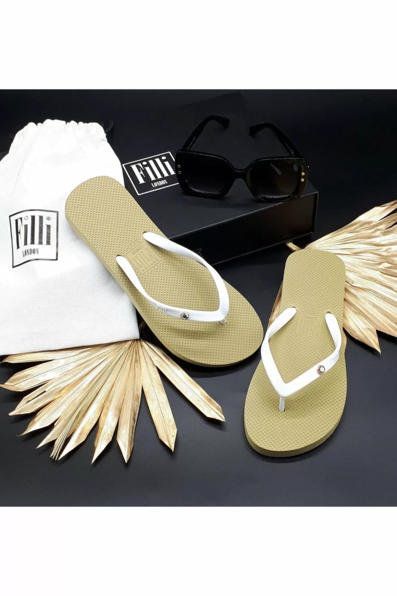 Sandals^Filli London Aurora Crystal Luxury Flip Flops White On Gold