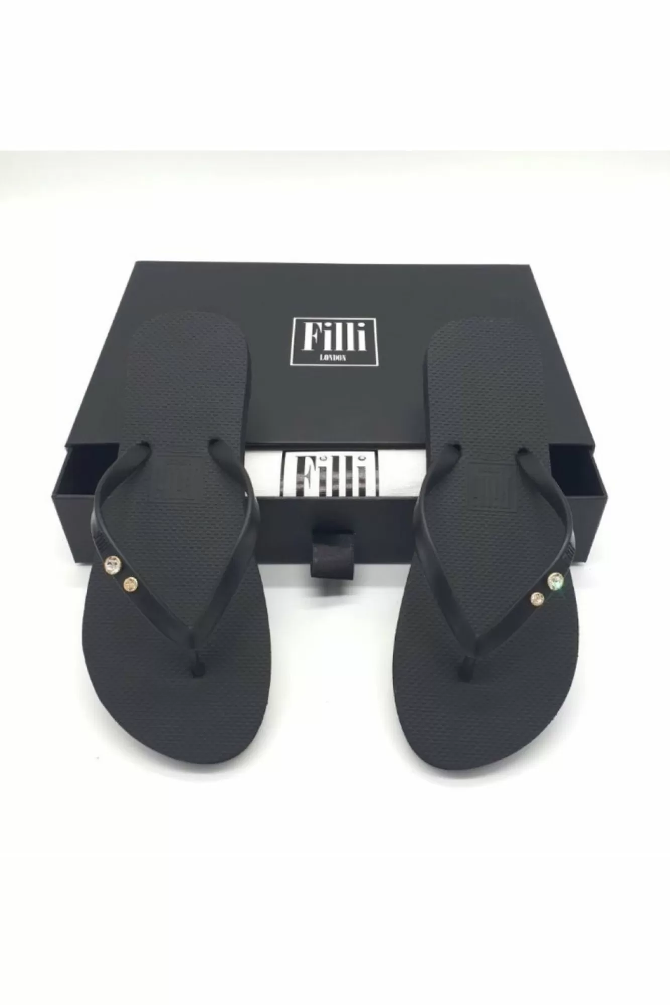 Sandals^Filli London Crystal Diamond Luxury Flip Flops Black