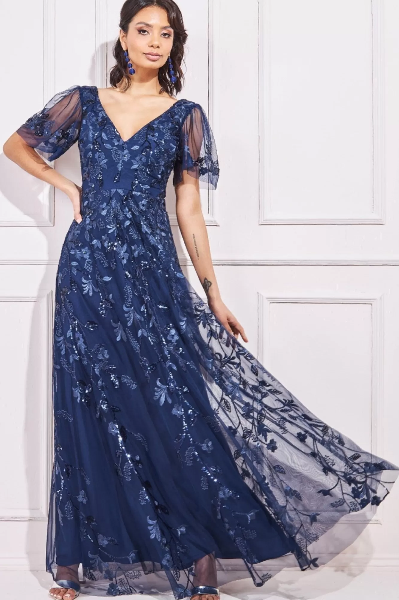 Maxi Dresses^* Flared Sleeve Embroidered Maxi Dress Navy
