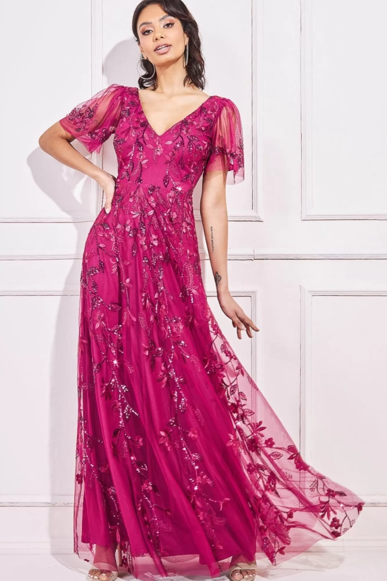 Maxi Dresses^* Flared Sleeve Embroidered Maxi Dress Magenta