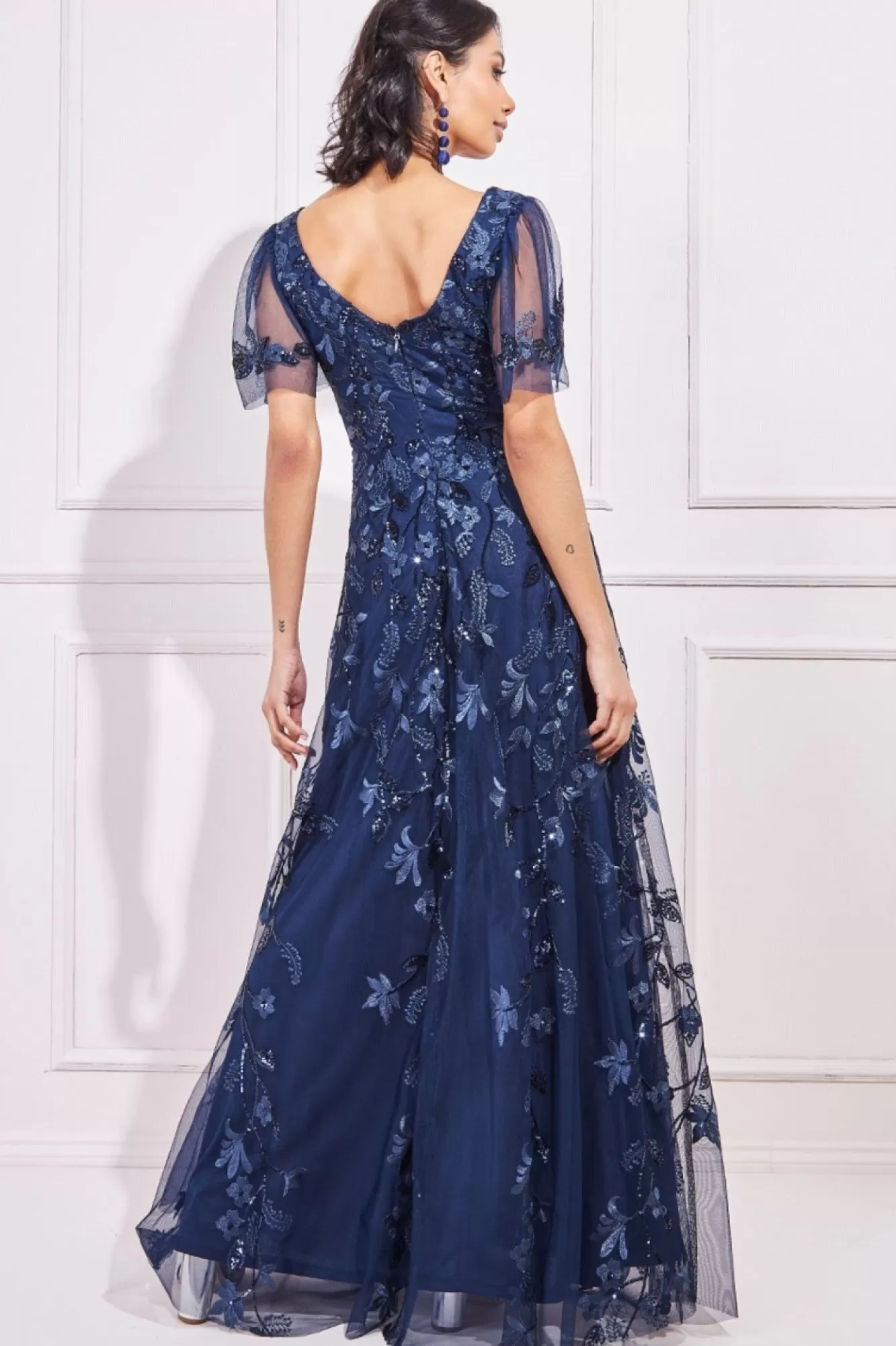 Maxi Dresses^* Flared Sleeve Embroidered Maxi Dress Navy