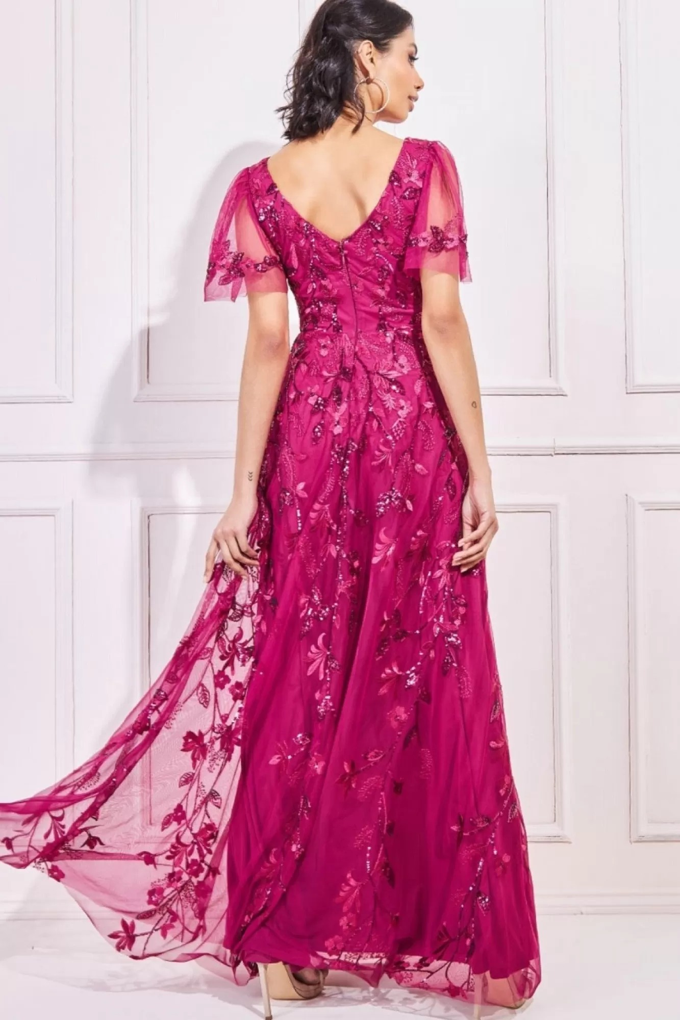 Maxi Dresses^* Flared Sleeve Embroidered Maxi Dress Magenta