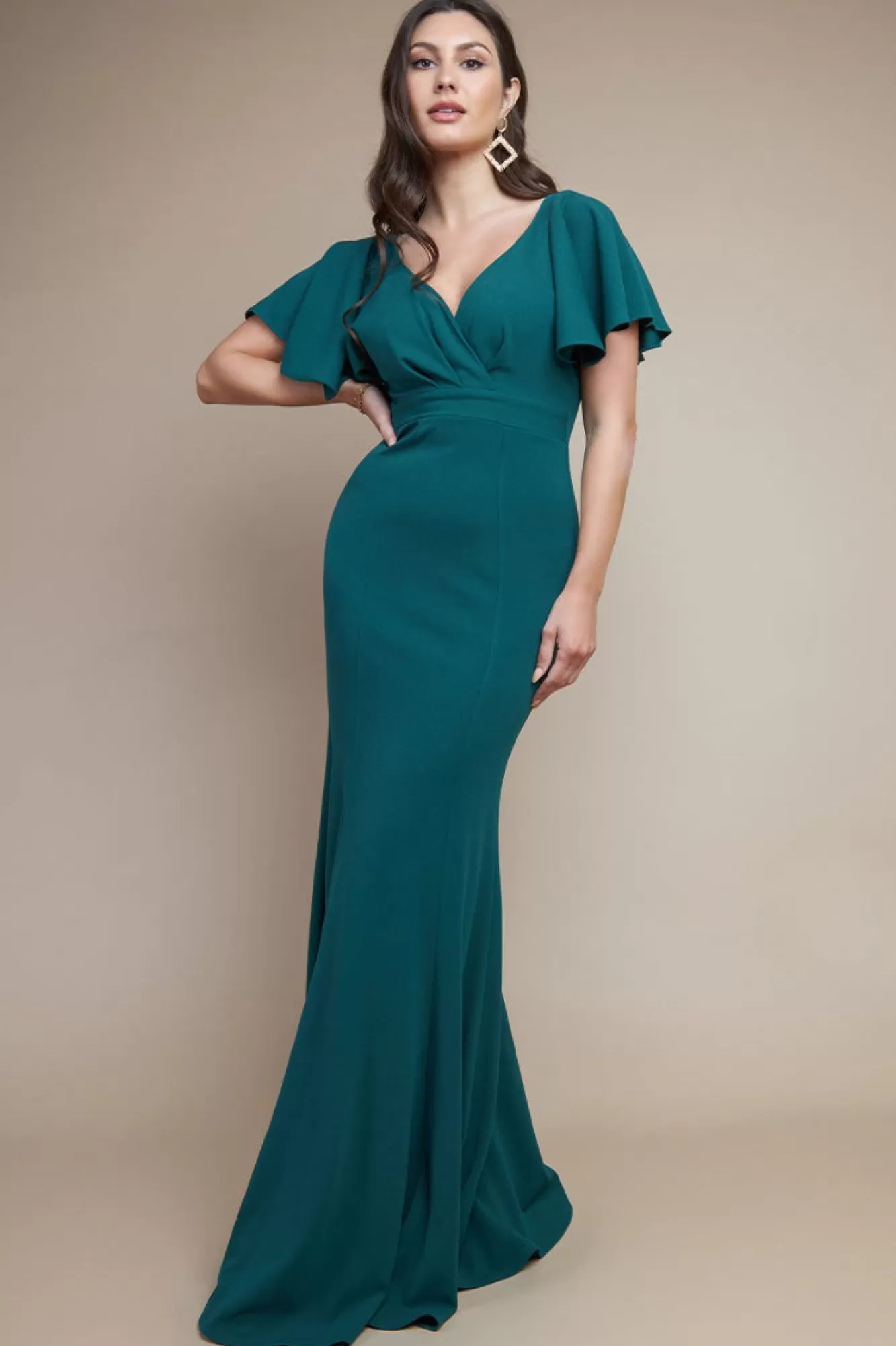 Maxi Dresses^* Flared Sleeve Front Wrap Maxi Dress Emerald Green