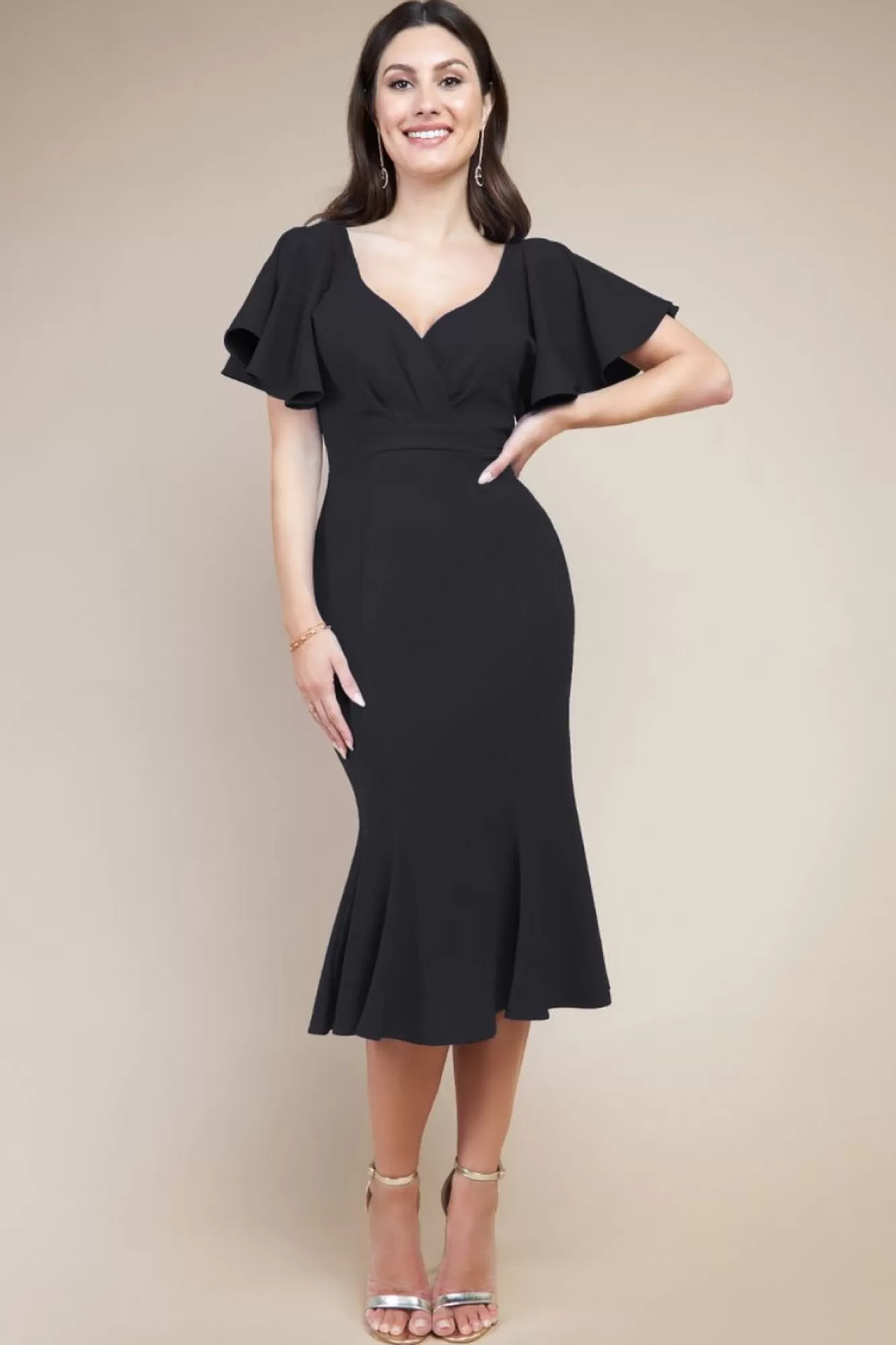 Midi Dresses^* Flared Sleeve Front Wrap Midi Dress Black