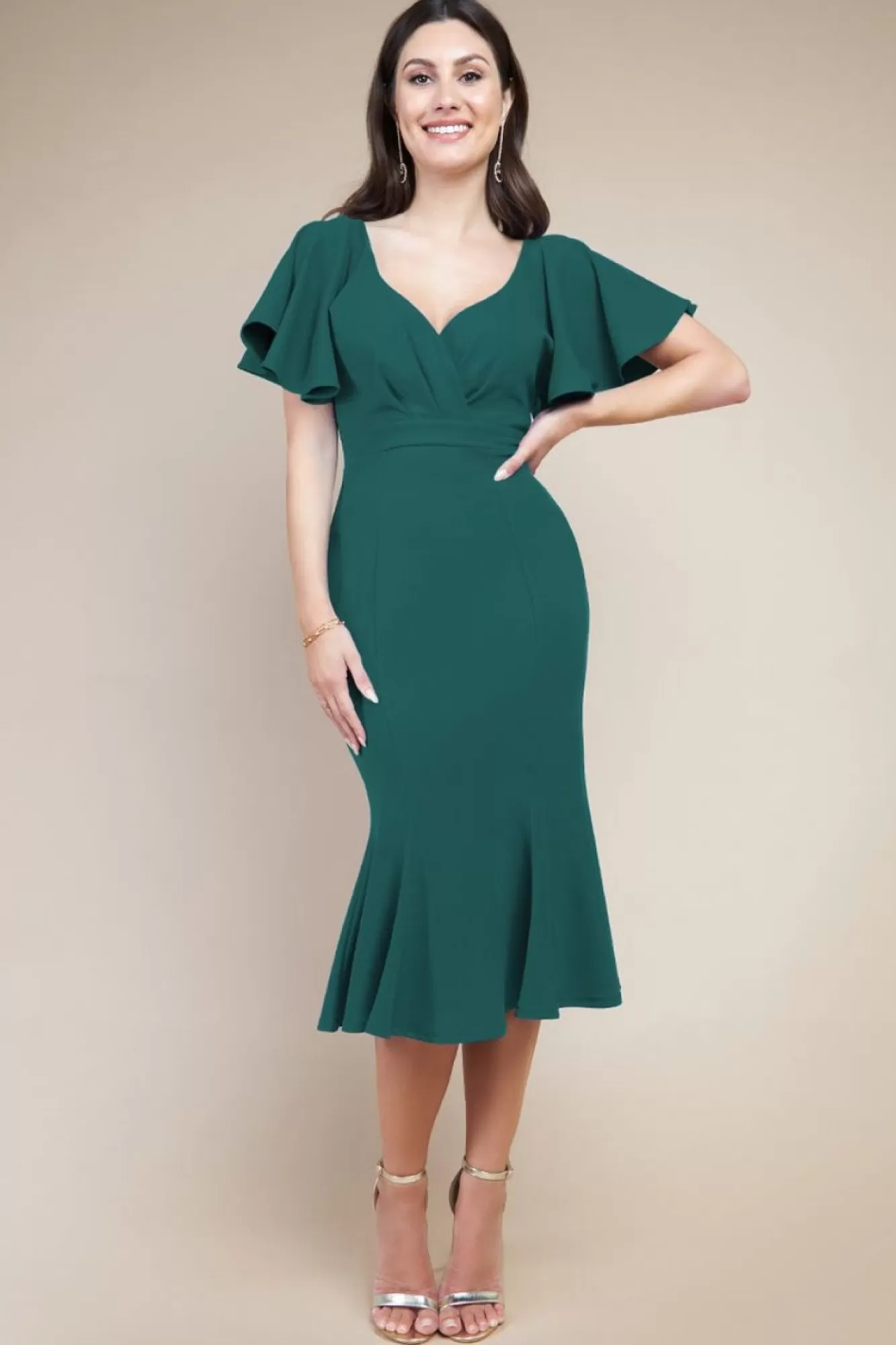 Midi Dresses^* Flared Sleeve Front Wrap Midi Dress Emerald Green