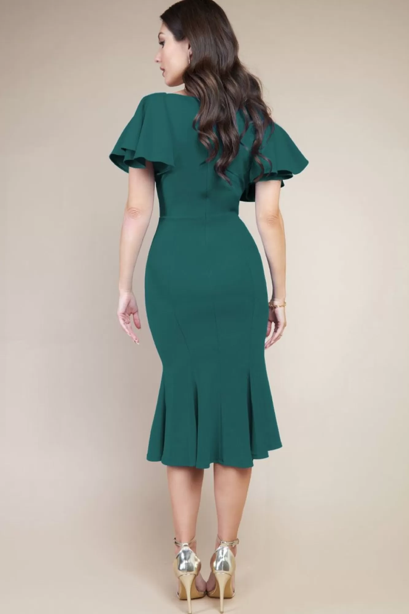 Midi Dresses^* Flared Sleeve Front Wrap Midi Dress Emerald Green