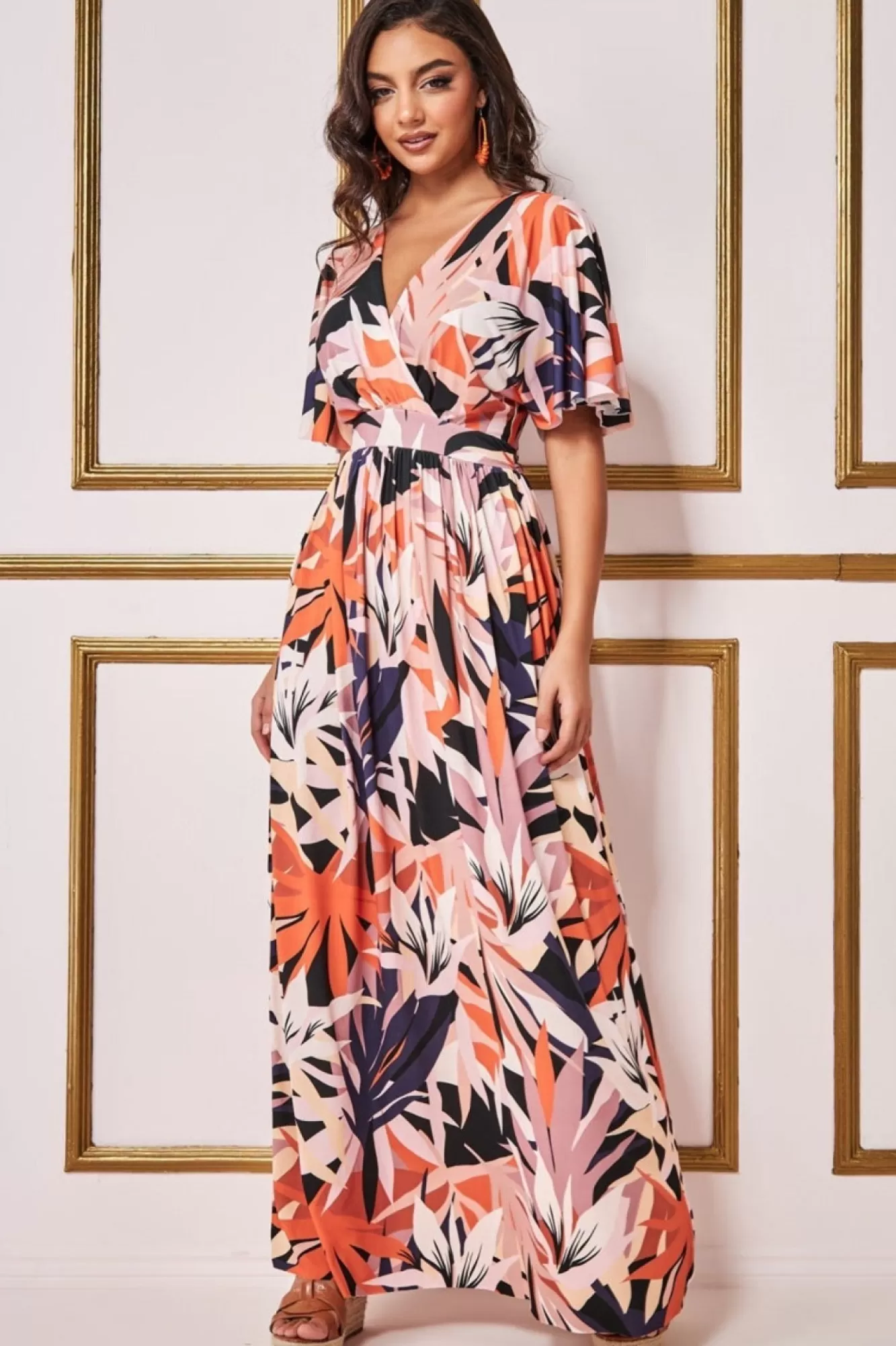 Maxi Dresses^* Floral Print Flutter Sleeve Maxi - Orange Print Orangeprint