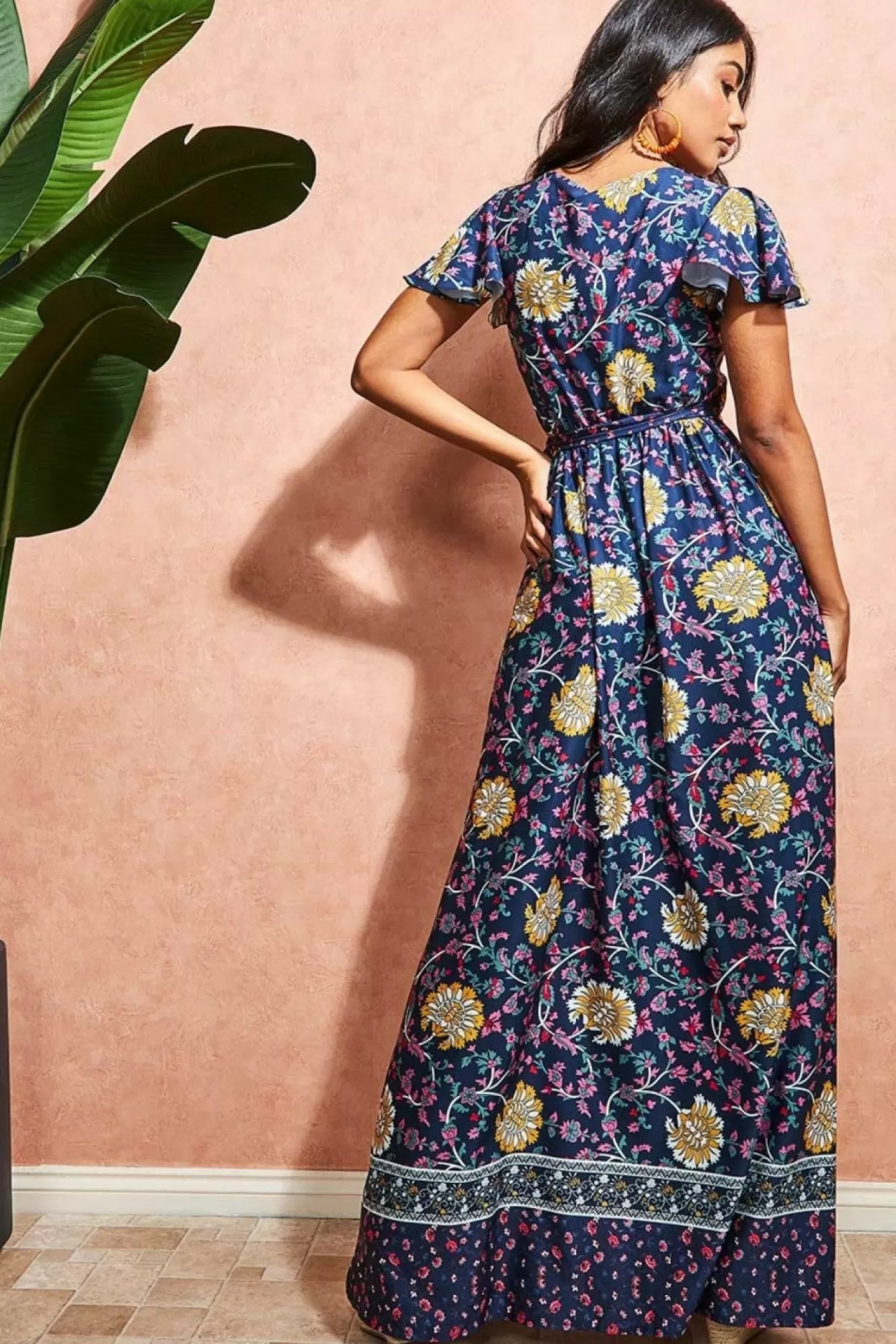 Maxi Dresses^* Floral Print Maxi With Flutter Sleeves Print Navy