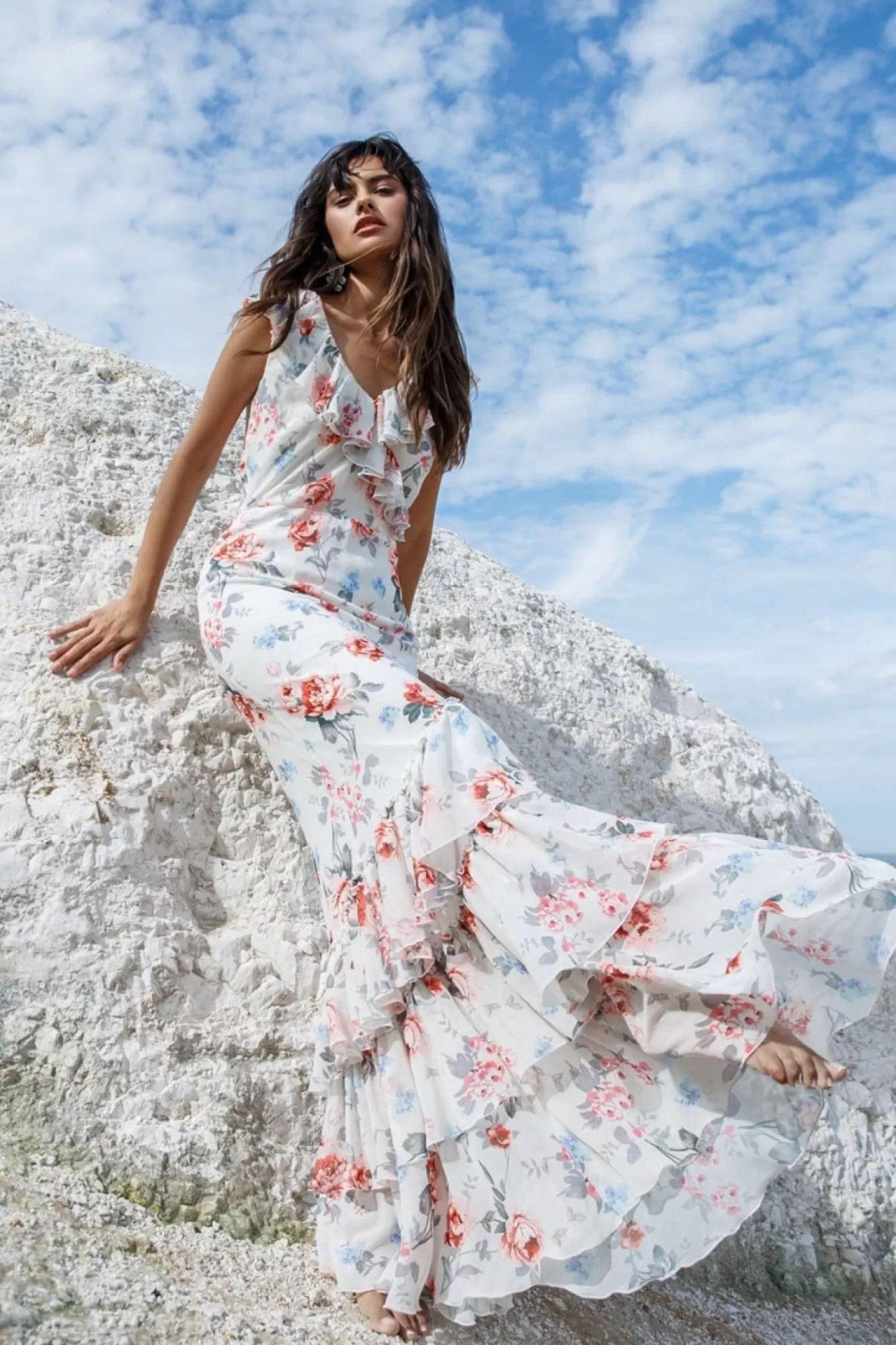 Maxi Dresses^* Floral Printed Chiffon Ruffle Maxi Cream