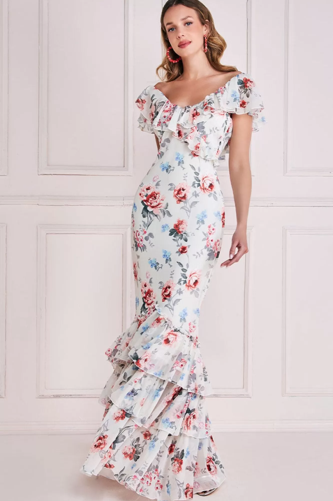 Maxi Dresses^* Floral Printed Chiffon Ruffle Maxi Cream