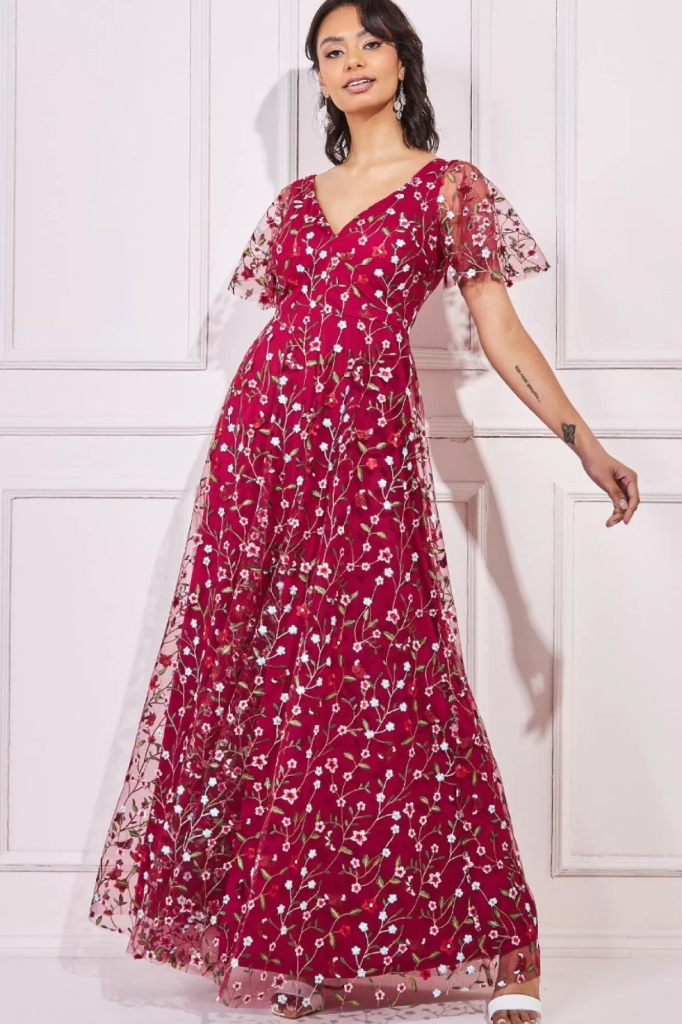Maxi Dresses^* Flutter Sleeve Floral Embroidered Maxi Burgundy