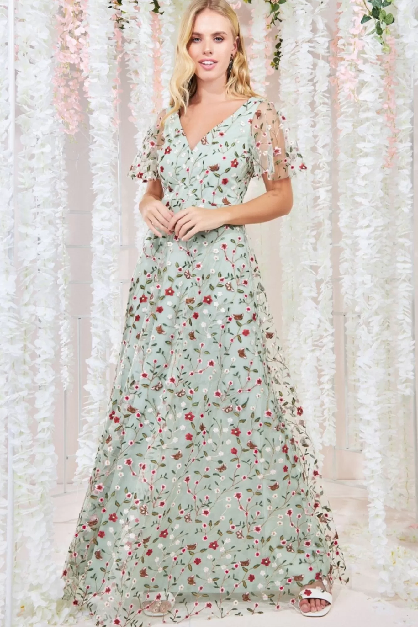 Maxi Dresses^* Flutter Sleeve Floral Embroidered Maxi Sagegreen