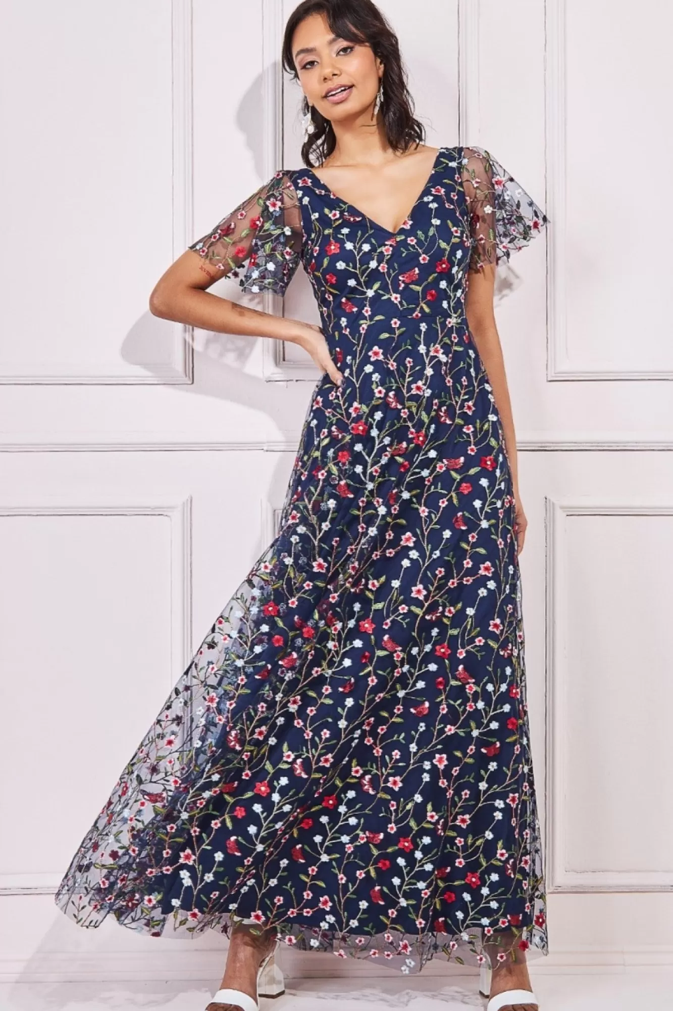 Maxi Dresses^* Flutter Sleeve Floral Embroidered Maxi Navy