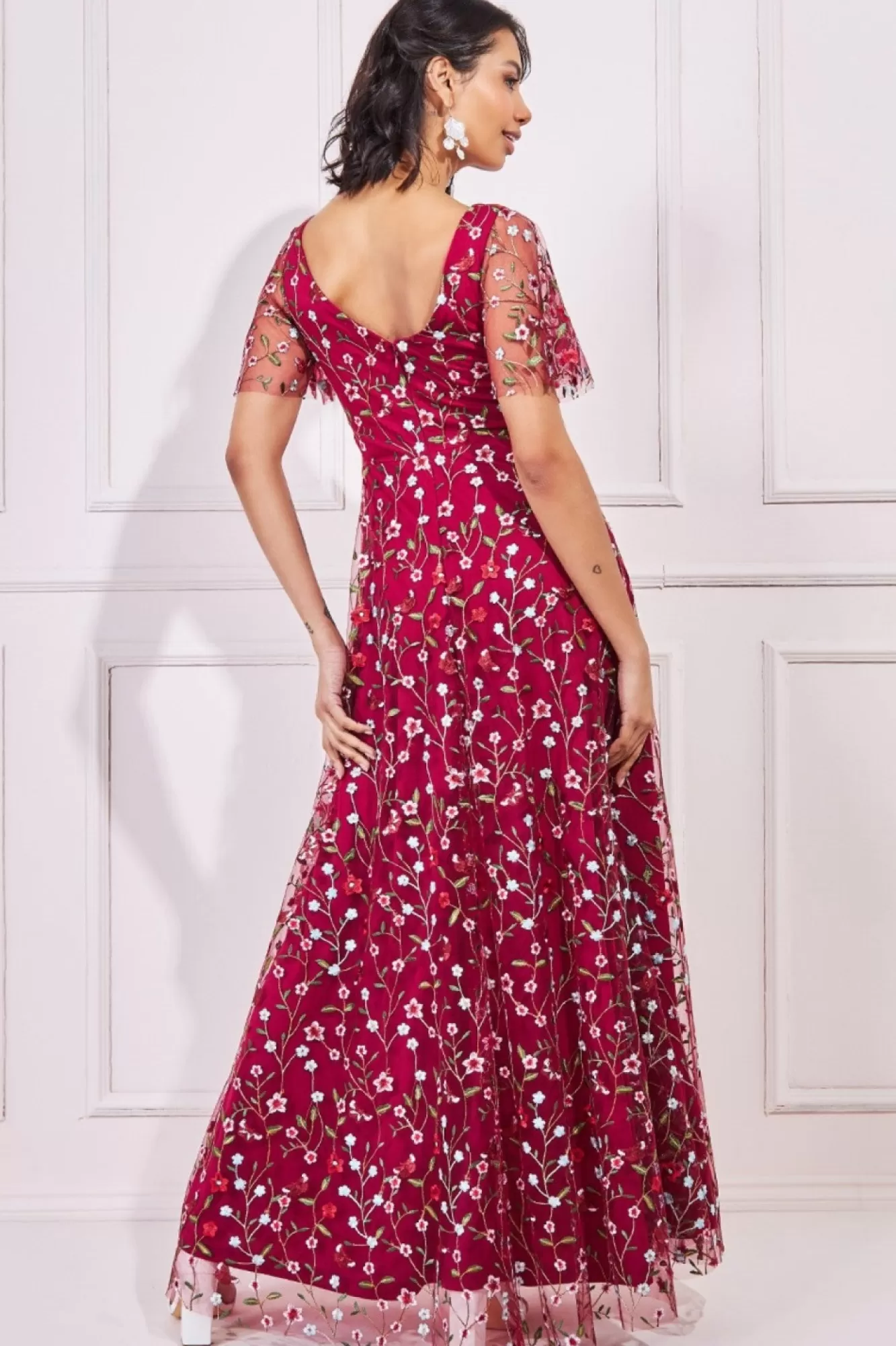 Maxi Dresses^* Flutter Sleeve Floral Embroidered Maxi Burgundy