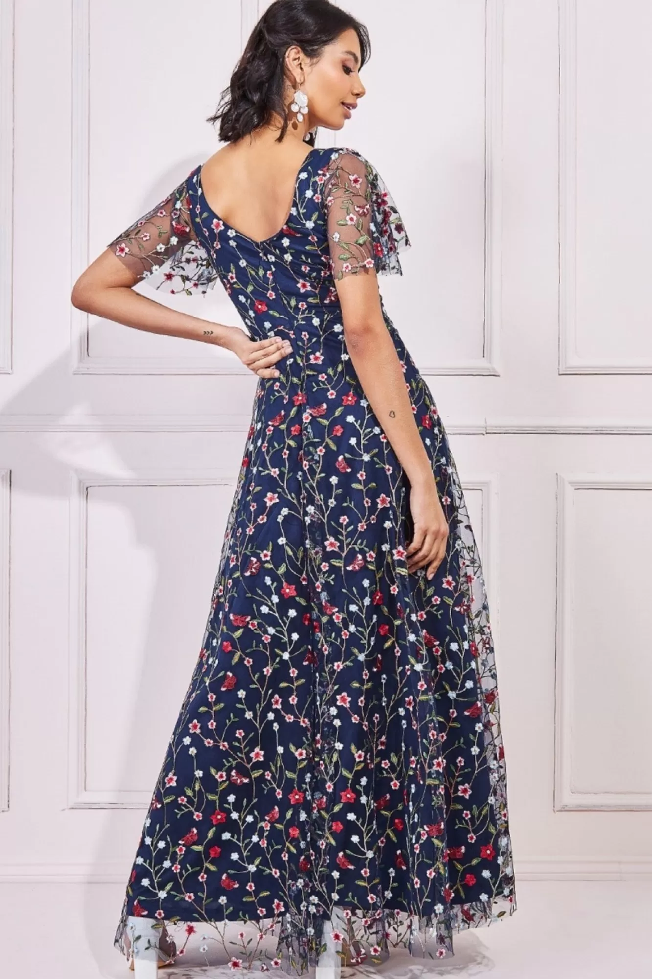 Maxi Dresses^* Flutter Sleeve Floral Embroidered Maxi Navy