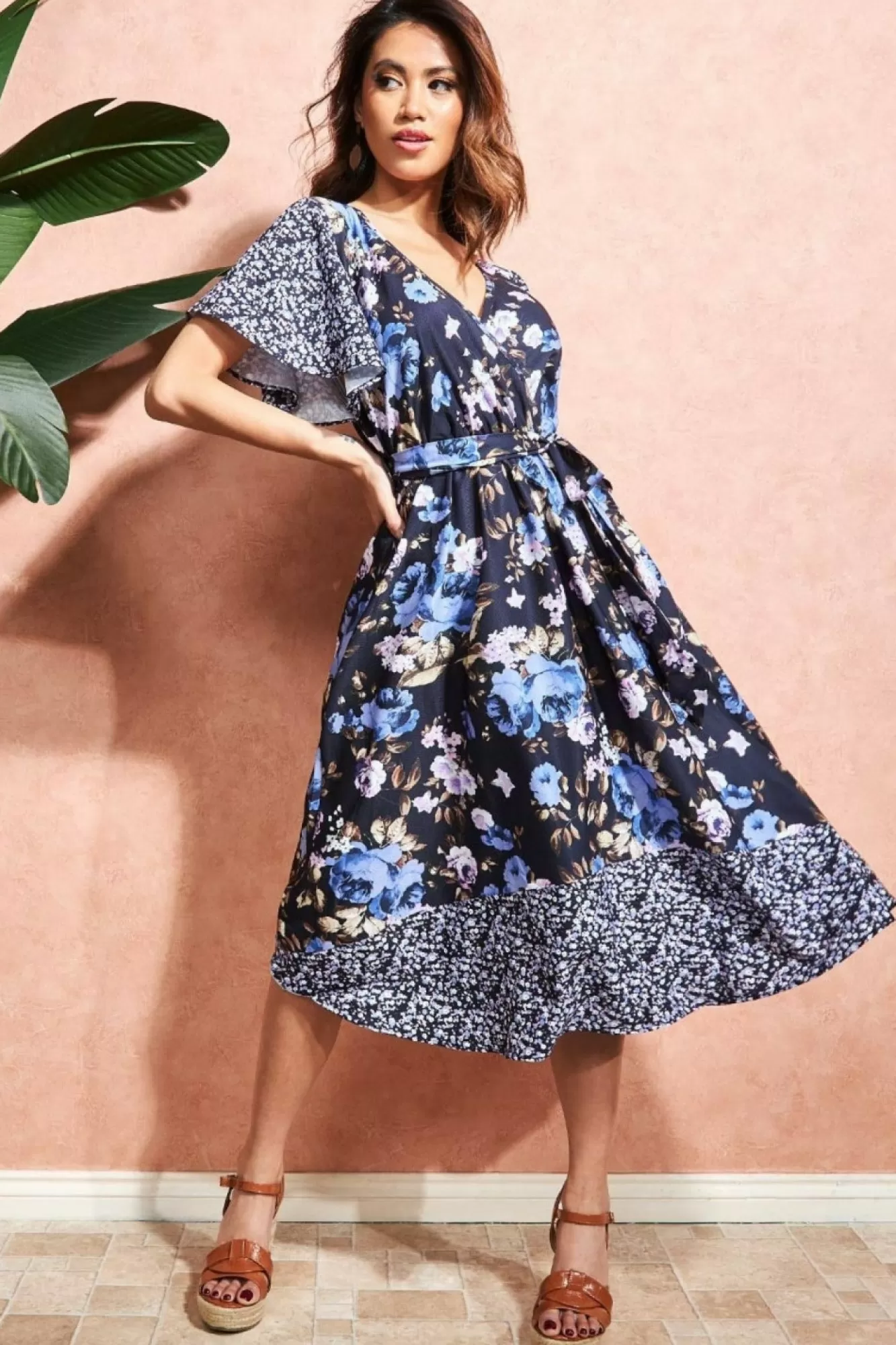 Midi Dresses^* Flutter Sleeve Printed Midi Dress - Navy Print Navyprint