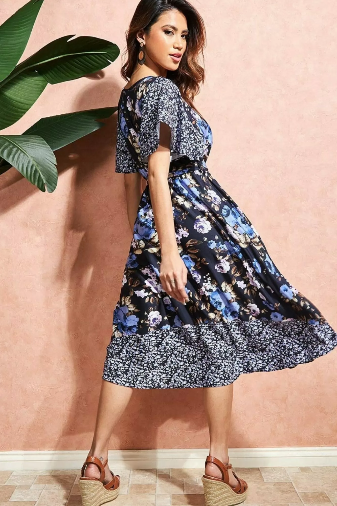 Midi Dresses^* Flutter Sleeve Printed Midi Dress - Navy Print Navyprint