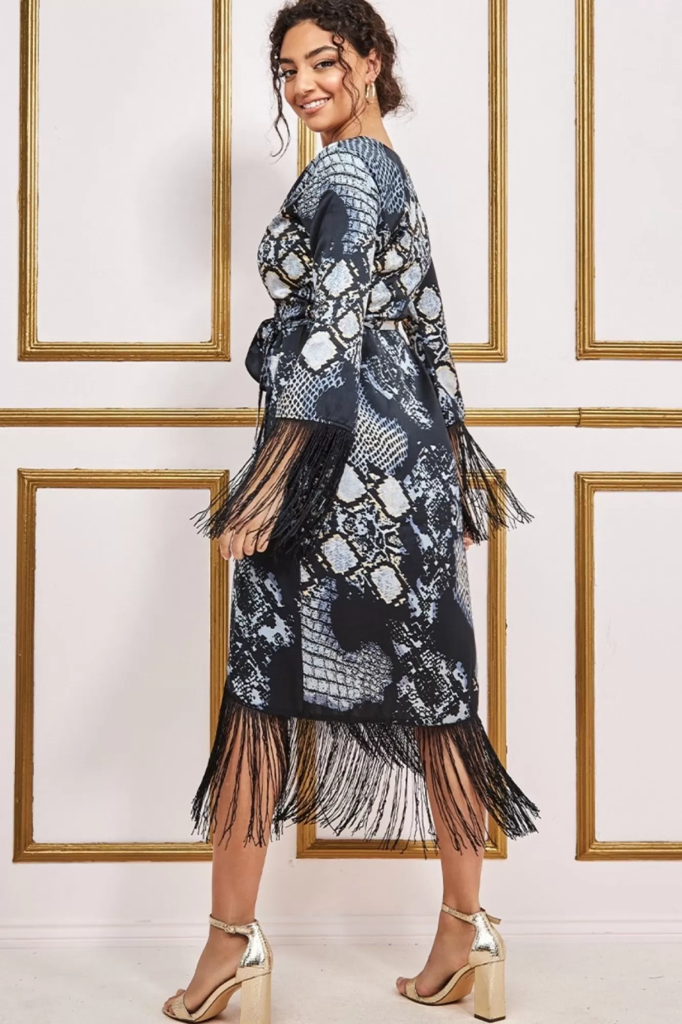 Midi Dresses^* Foil Print Wrap Midi With Tassels Black