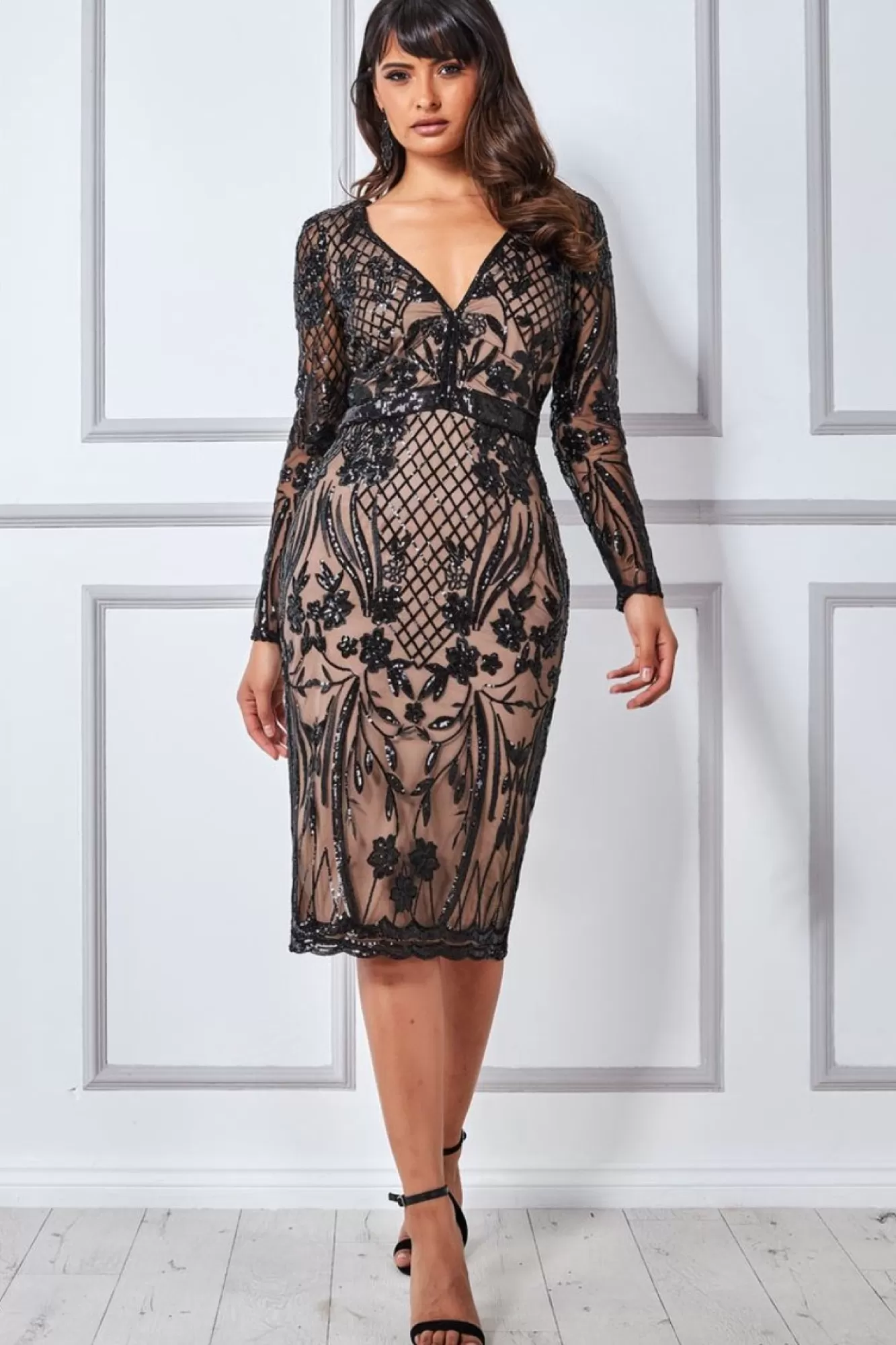 Midi Dresses^* Full Sleeve Sequin Midi Dress Black