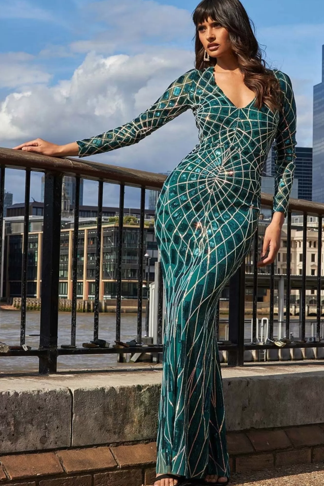 Maxi Dresses^* Geo Sequin Long Sleeve Maxi Dress Emerald