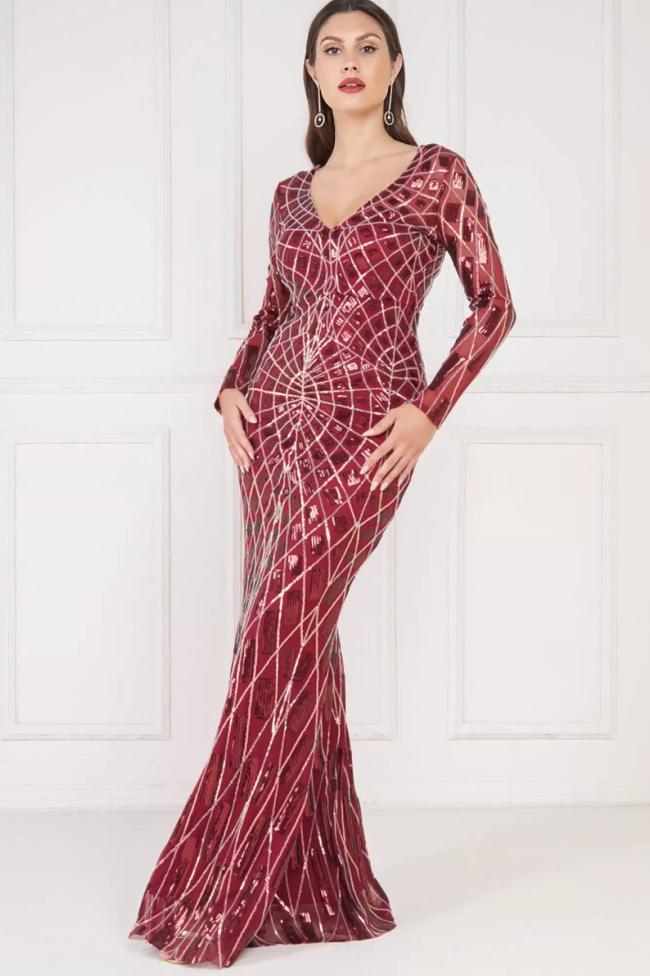 Maxi Dresses^* Geo Sequin Long Sleeve Maxi Dress Wine