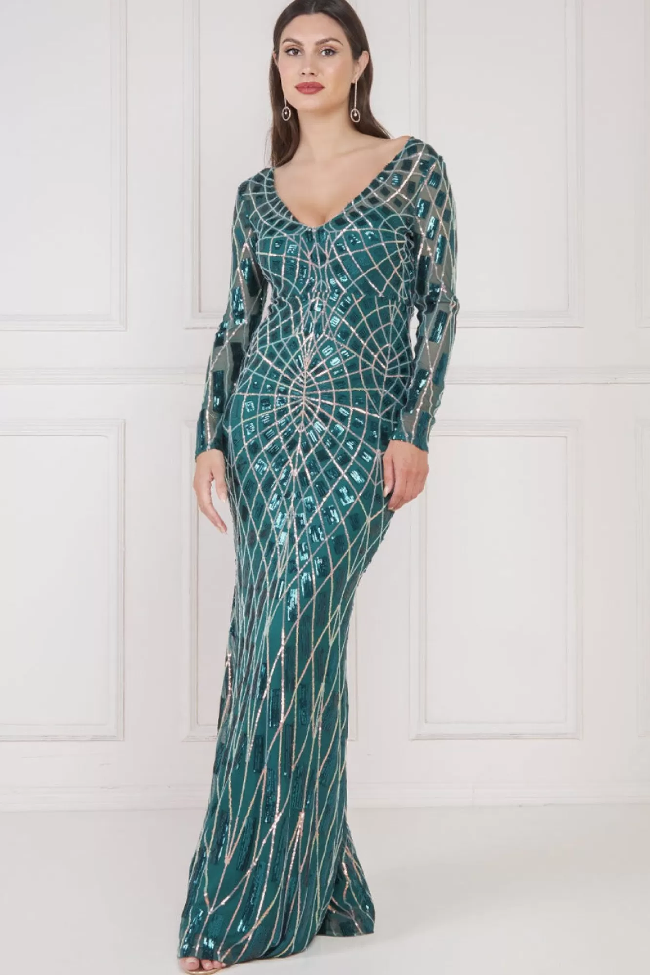 Maxi Dresses^* Geo Sequin Long Sleeve Maxi Dress Emerald
